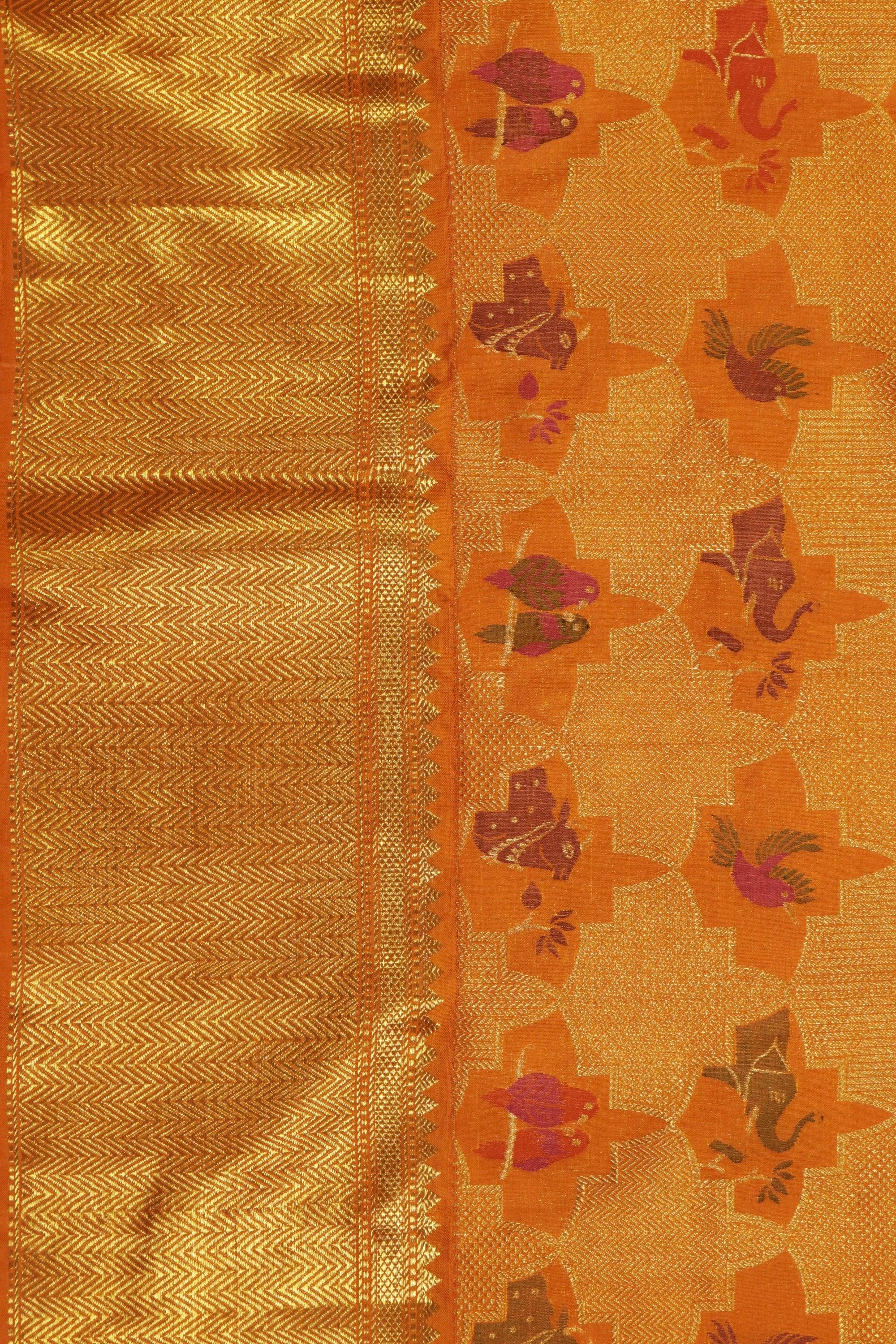 Koral Orange Kanchivaram Silk Saree with Zari & Meena Animal Motifs - Mokshaa