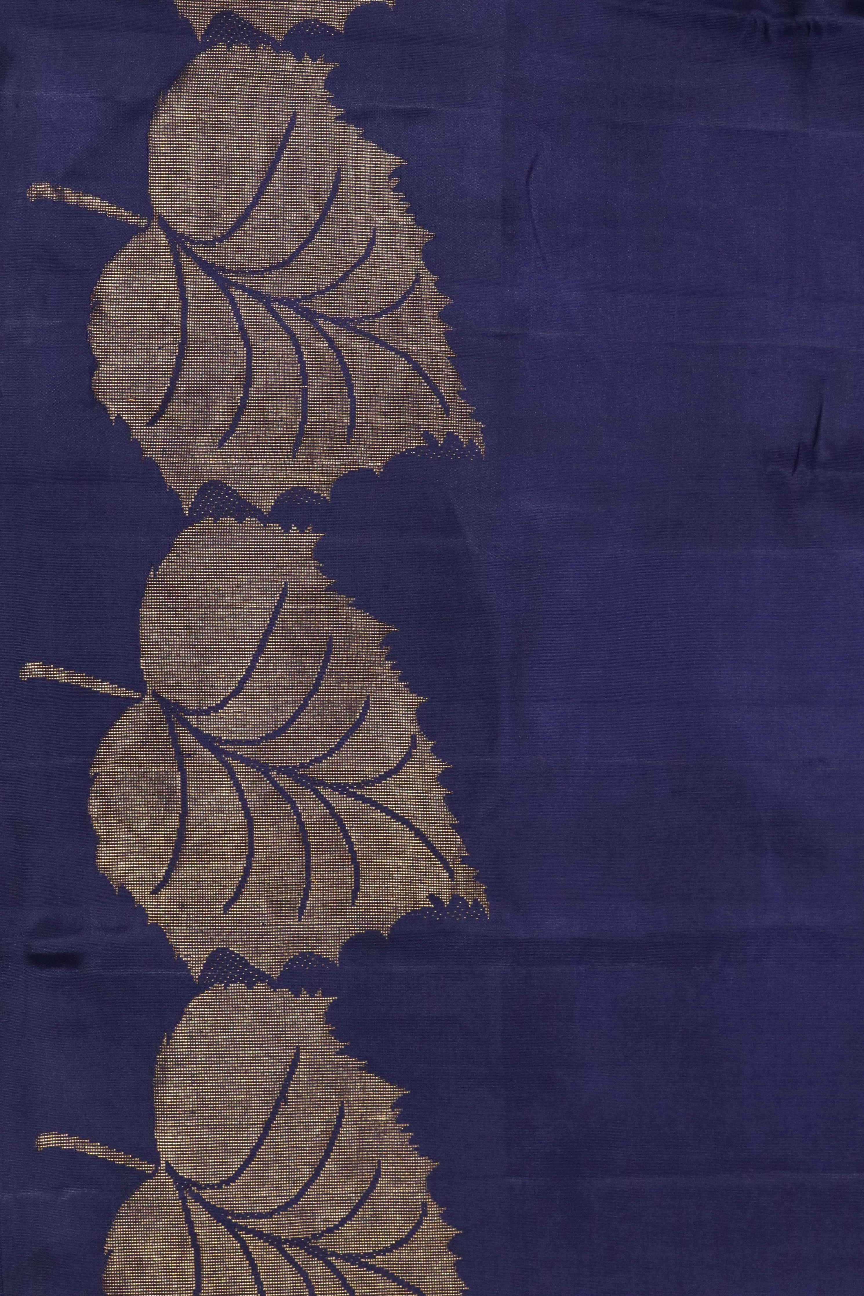 Navy Blue Kanchivaram Silk Saree with Gold Leaf Zari - Mokshaa
