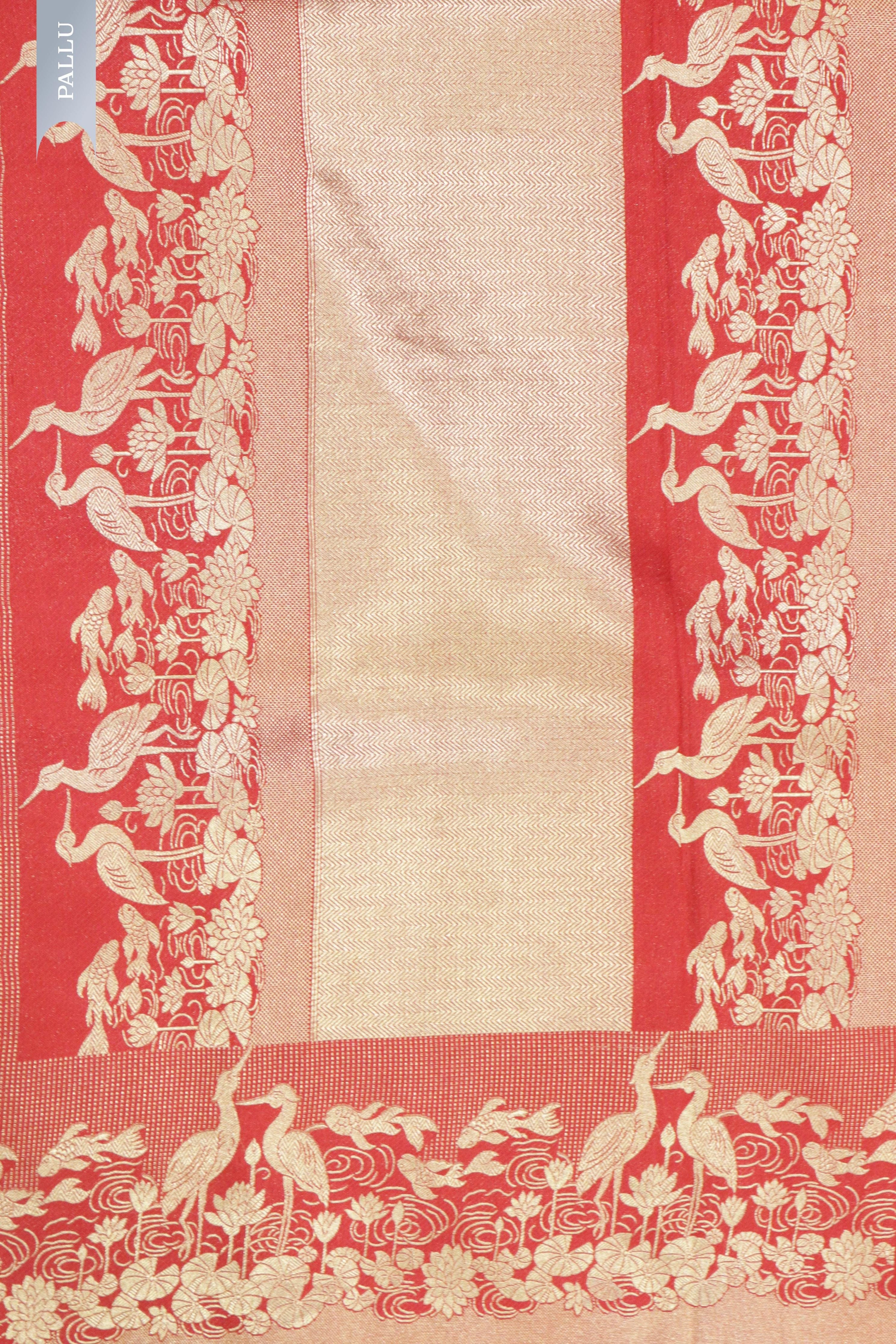Maroon Banarasi Silk Saree with Zari Stripe Weaving & Fancy Border - Mokshaa
