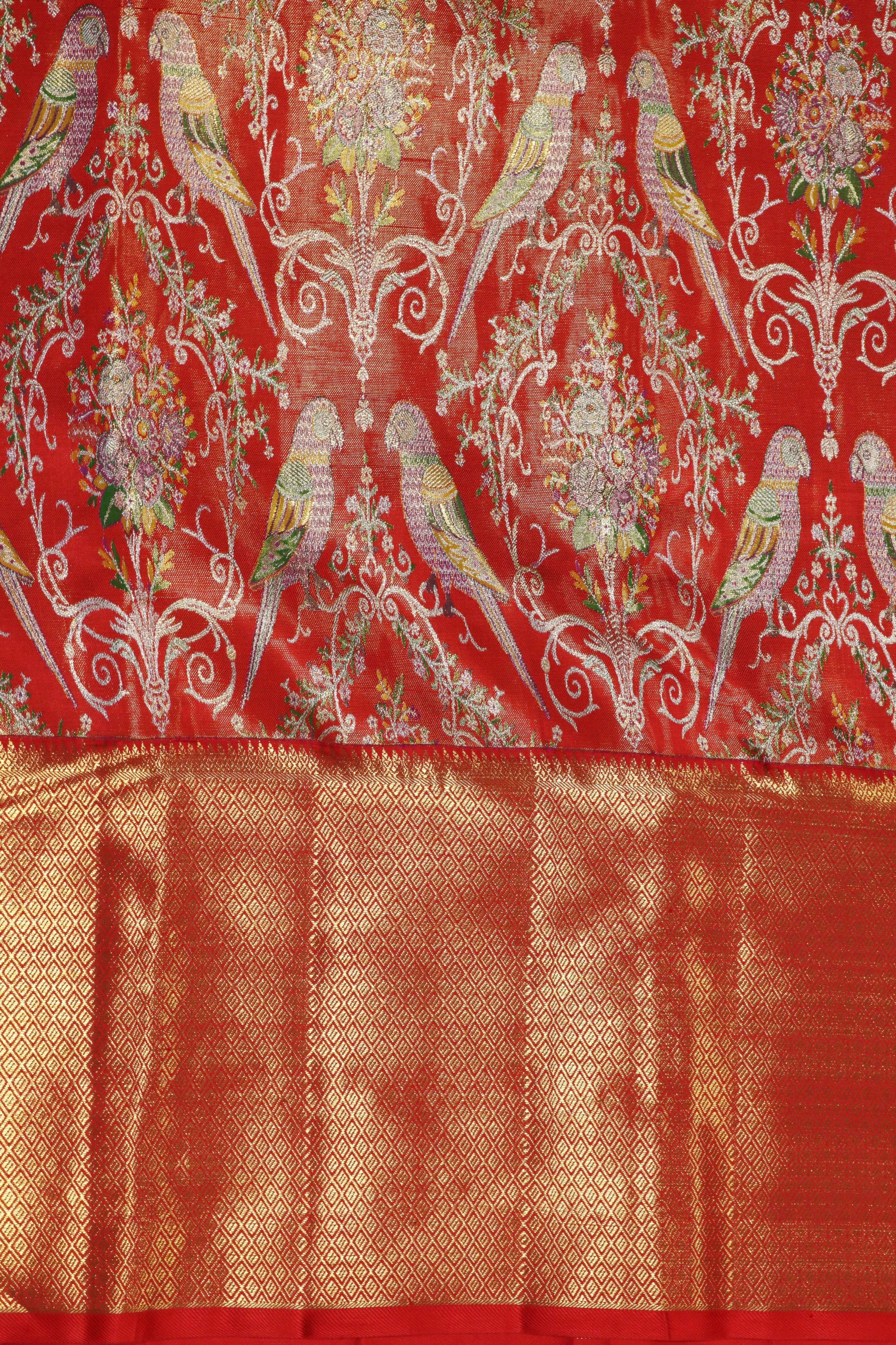 Rust Red Kanchivaram Tissue Silk Saree with Meena Weaving & Zari Border - Mokshaa