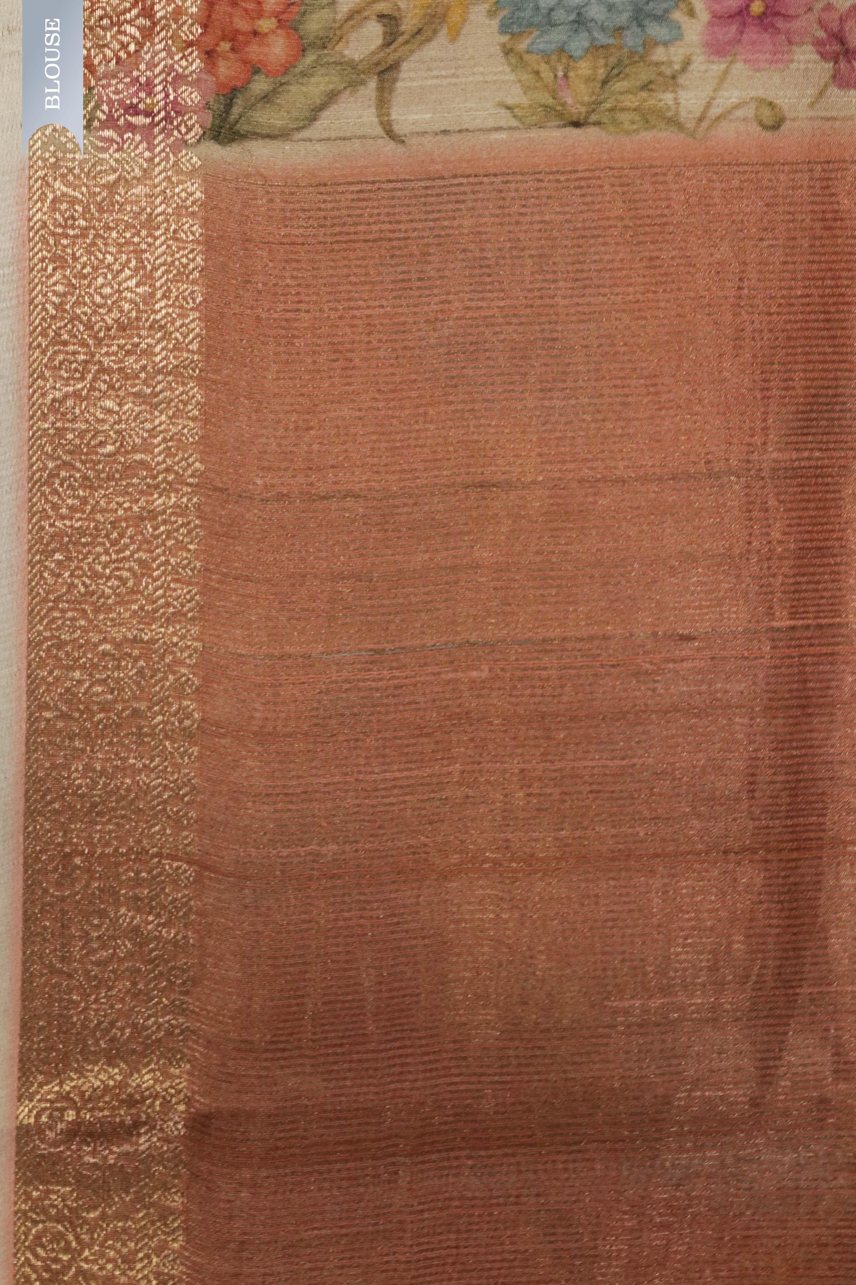 Peach Tussar Silk Saree with Golden Buttas & Floral Printed Border - Mokshaa