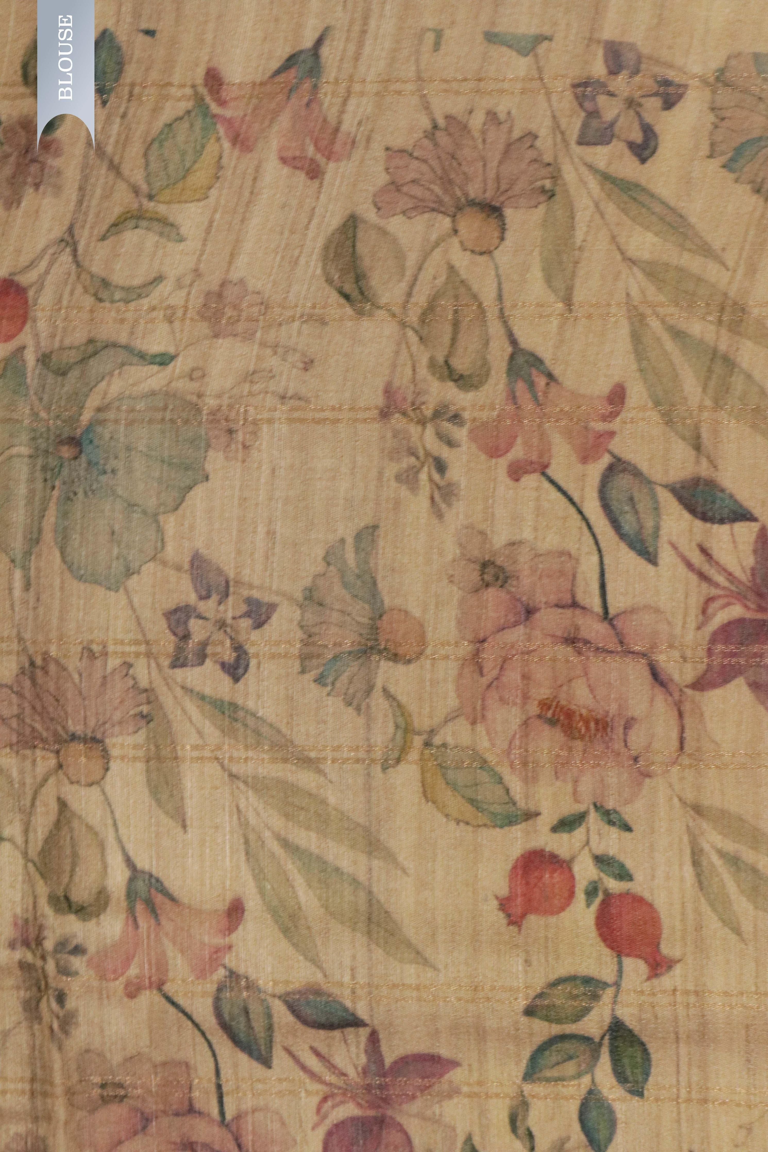 Beige Tussar Silk Saree with Zari Checks & Floral Print - Mokshaa