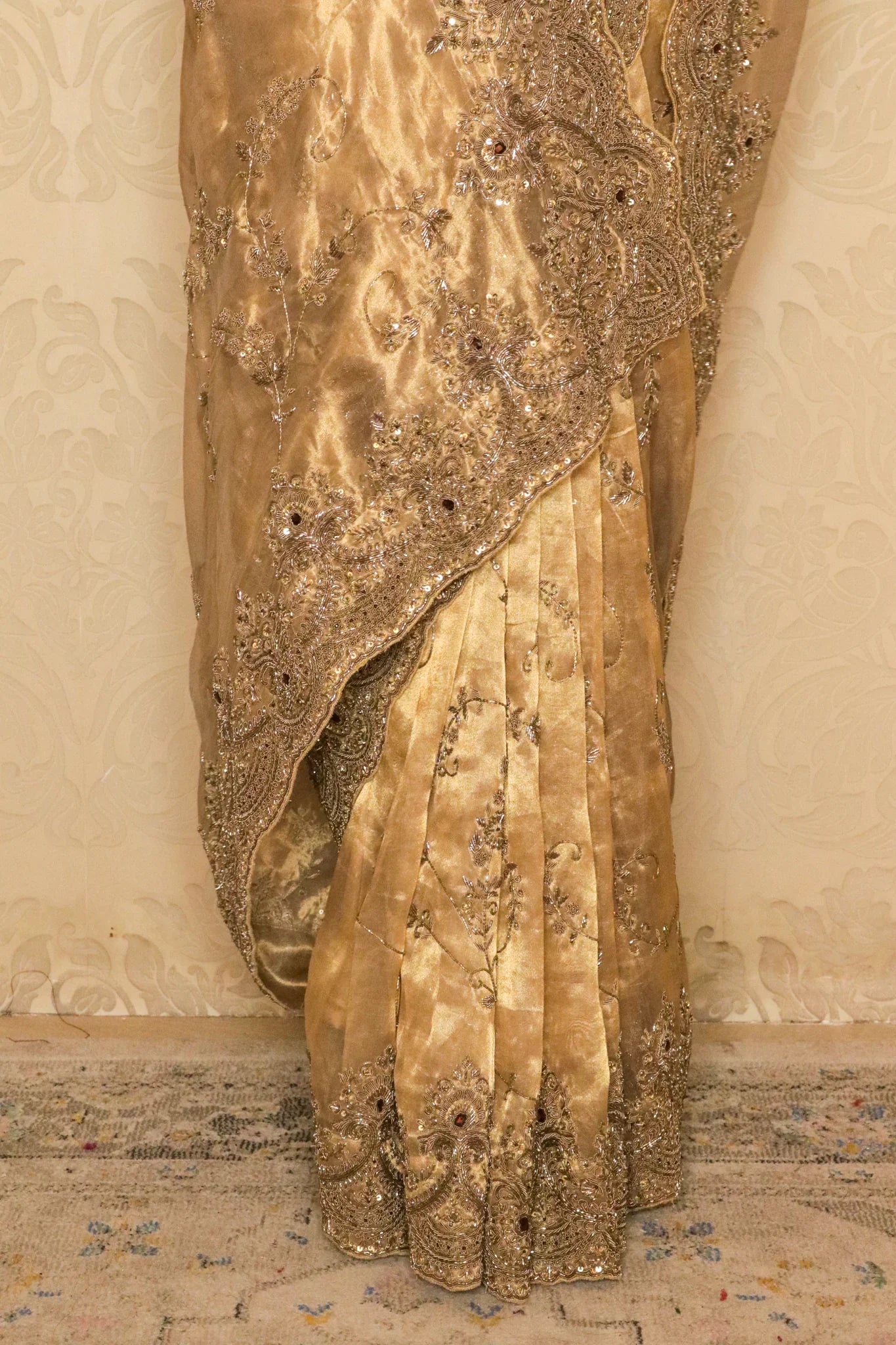 Dusty Gold Tissue Organza Saree with Jarthosi & Sequin Work and Green Velvet Blouse - Mokshaa