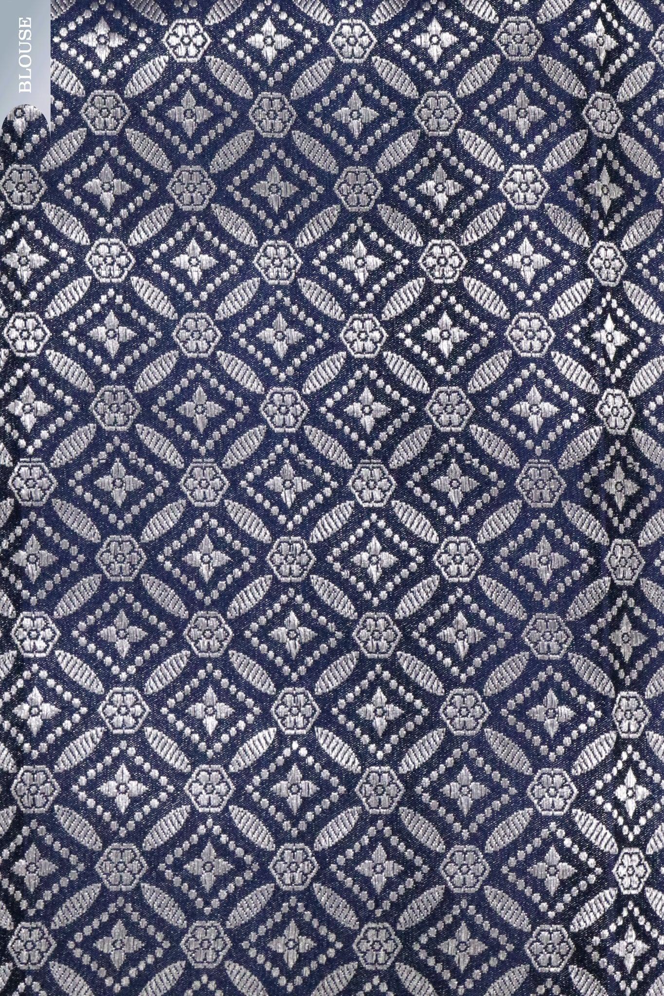 Midnight Blue Banarasi Chanderi Silk Saree with Floral Buttas & Satin Border - Mokshaa