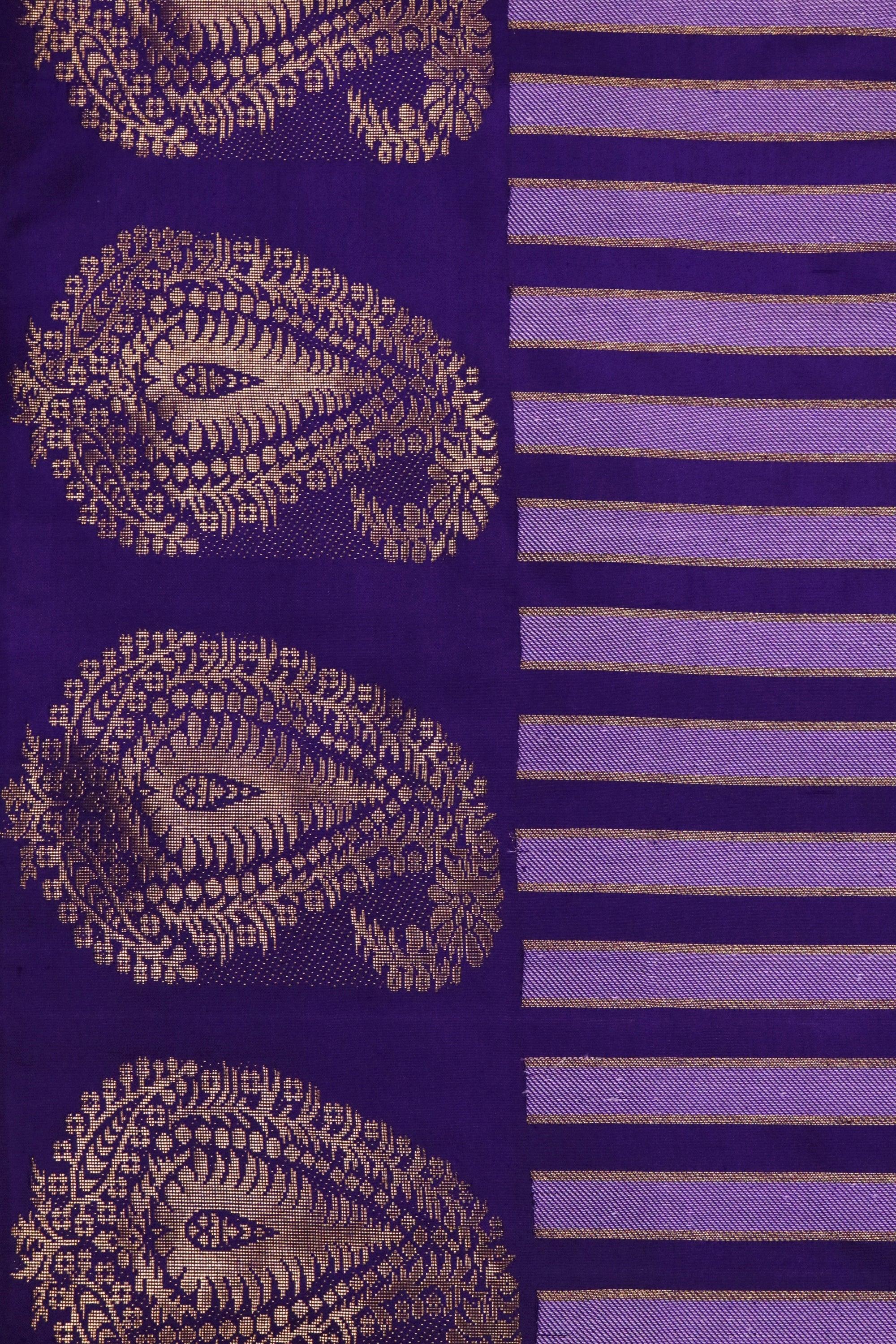 Purple Kanchivaram Silk Saree with Golden Stripes - Mokshaa