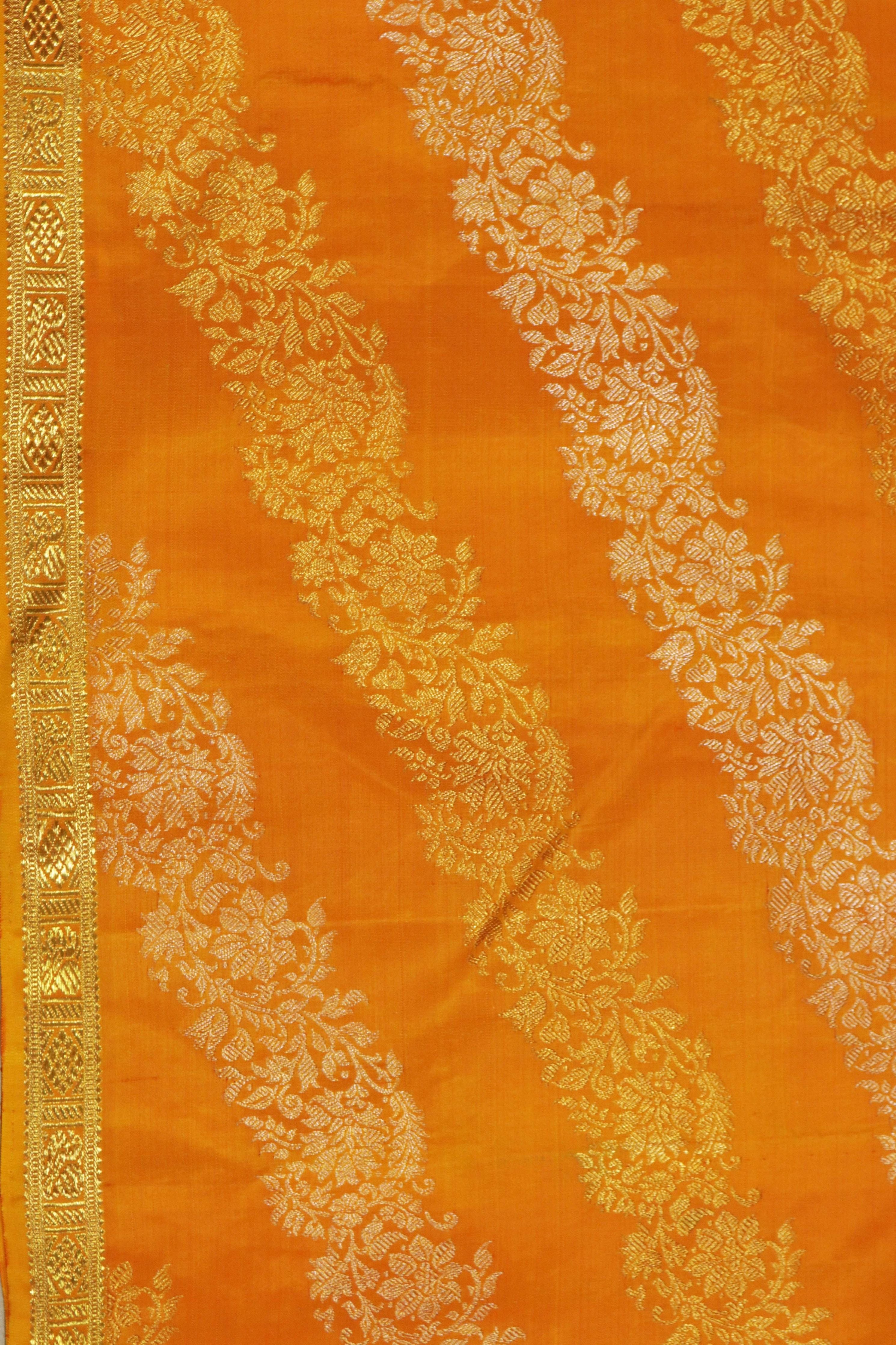 Mango Yellow Kanchivaram Silk Saree with Gold & Silver Stripes - Mokshaa