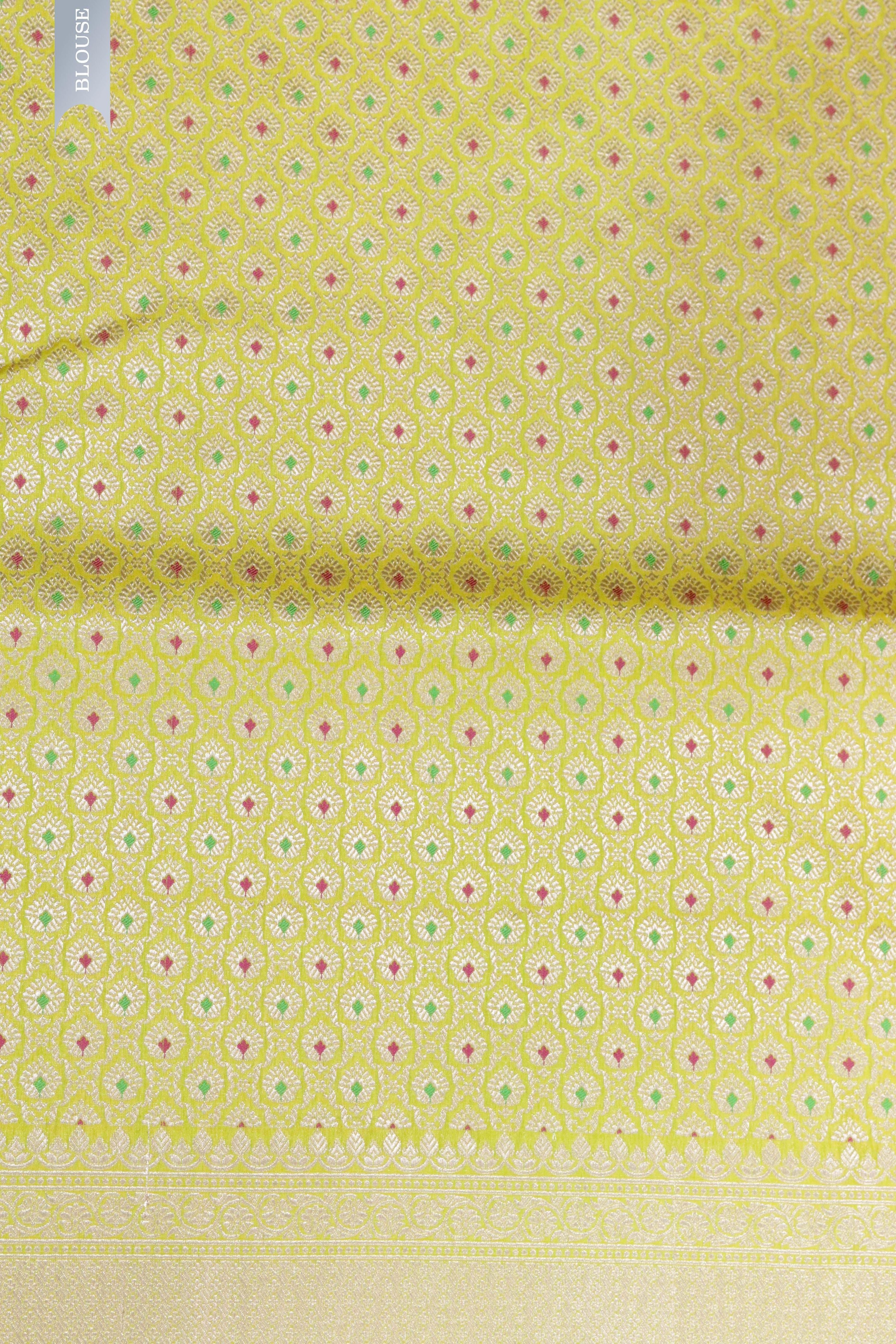 Lemon Yellow Banarasi Silk Saree with Small Butti & Zari Border - Mokshaa