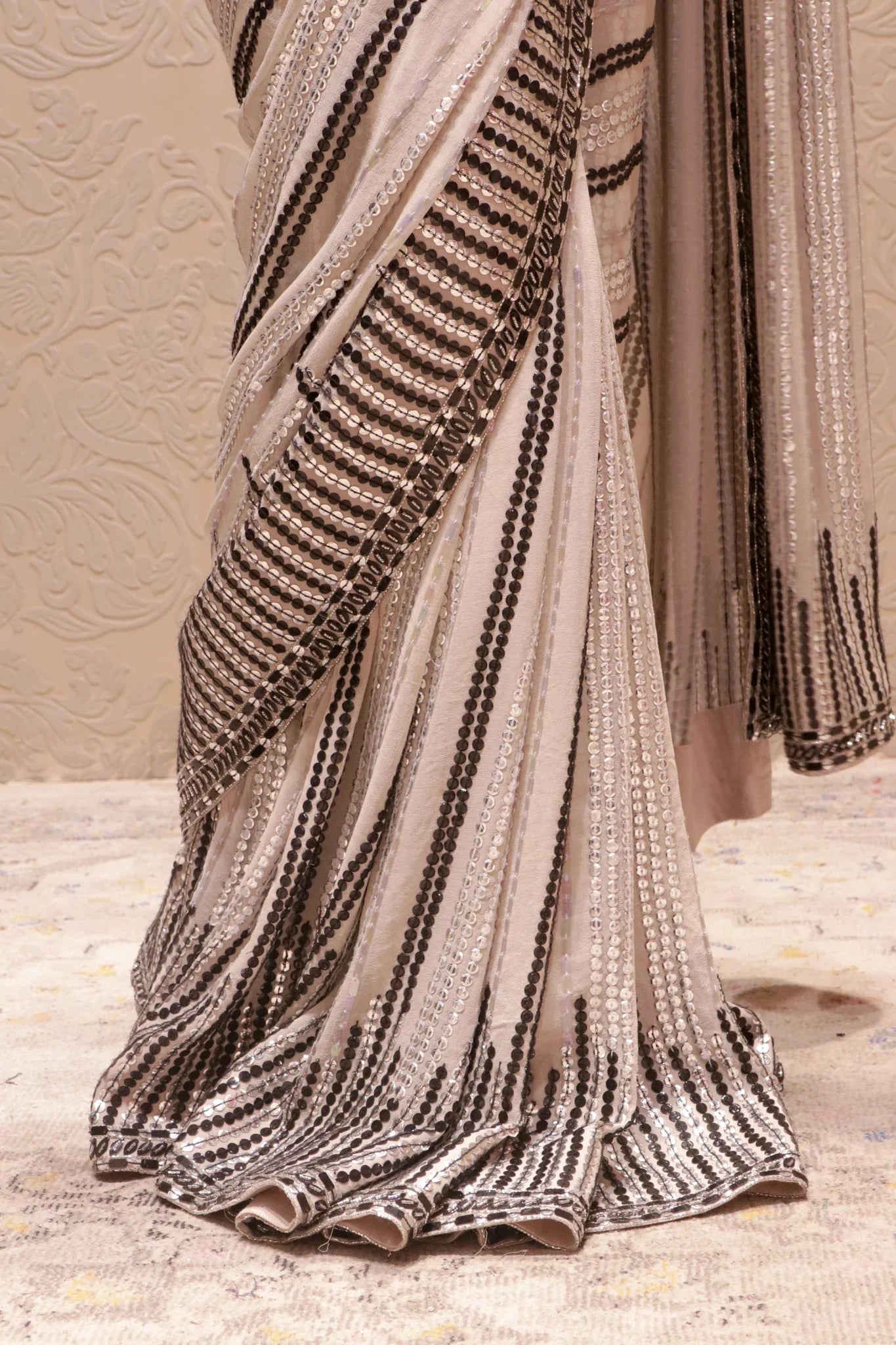 Light Grey Georgette Saree with Silver & Black Sequin Detailing - Mokshaa