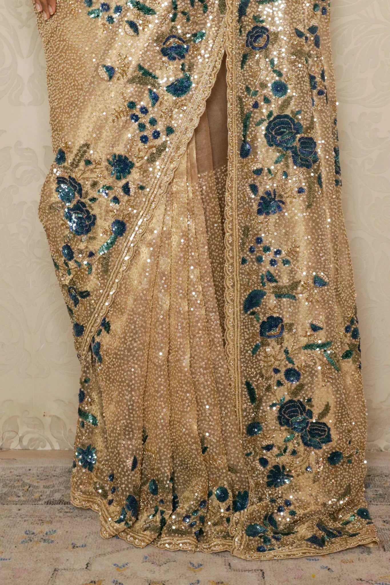 Gold Sequin Organza Saree with Matching Blouse - Mokshaa