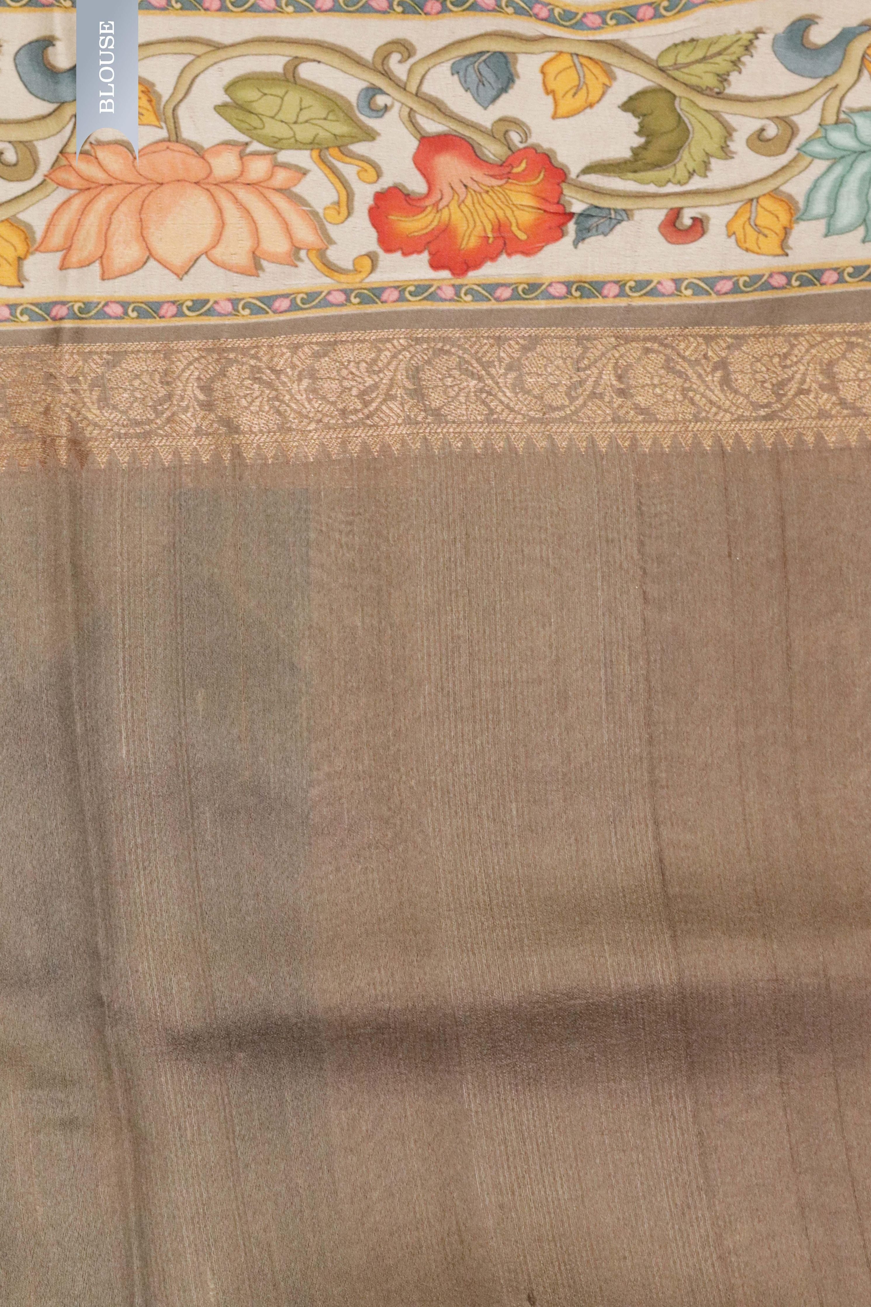 Blue-Green Tussar Silk Saree with Zari Motifs & Printed Border - Mokshaa