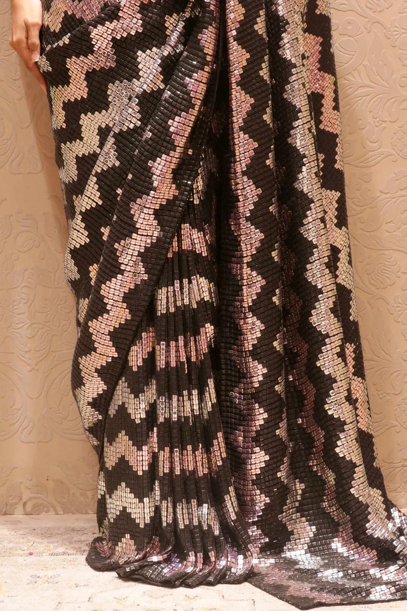 Black Georgette Saree with Silver & Black Sequin Zigzag Pattern - Mokshaa