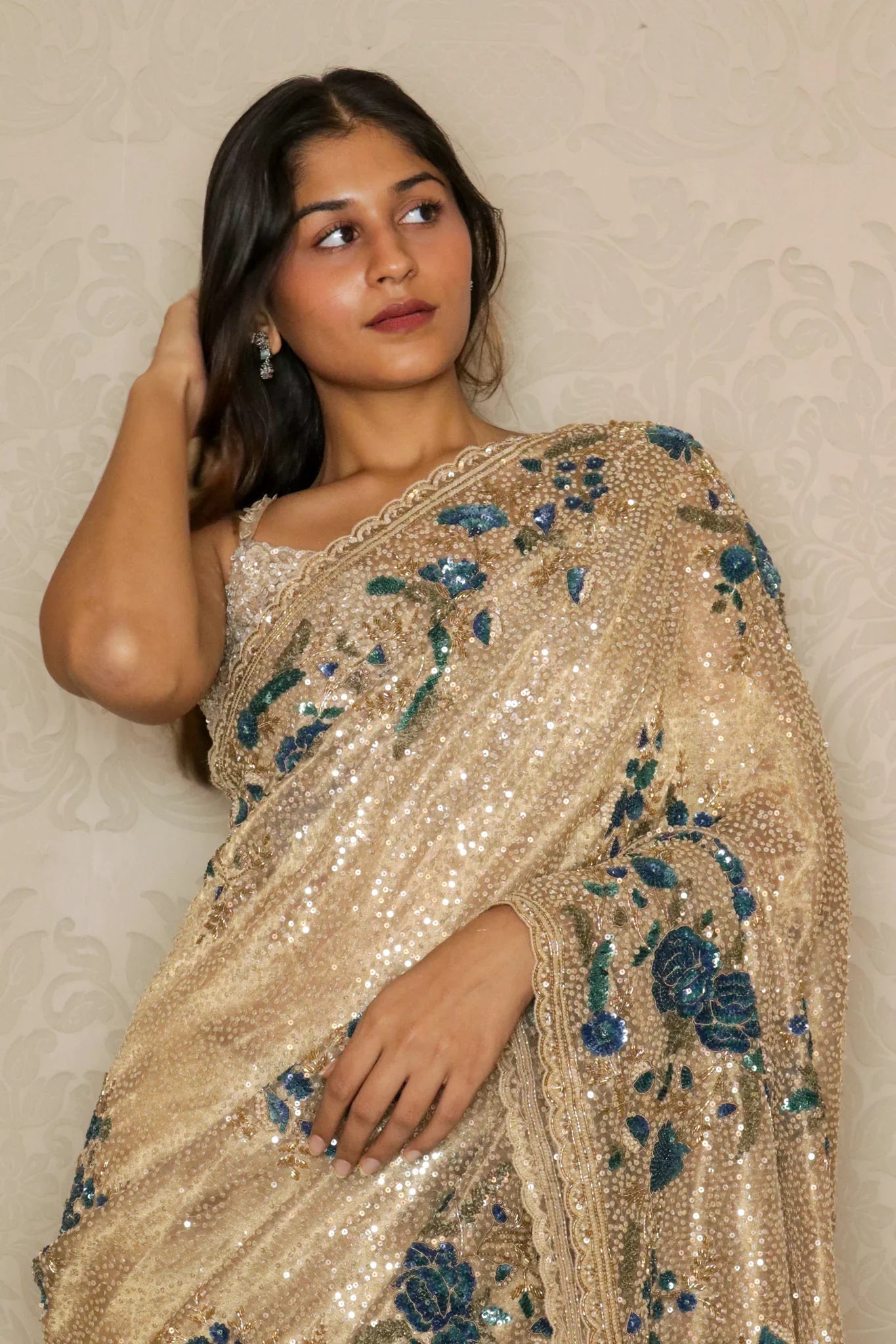 Gold Sequin Organza Saree with Matching Blouse - Mokshaa
