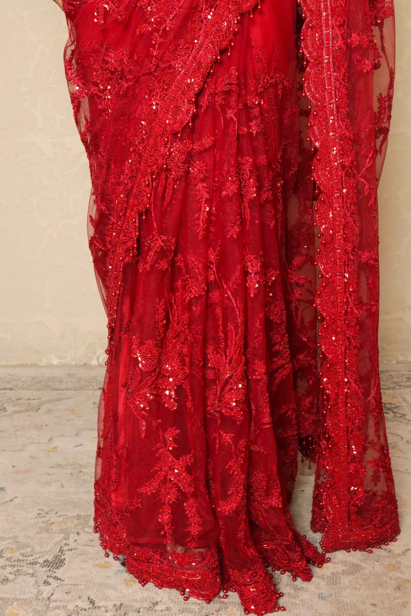 Red Net Saree with Thread & Sequin Embroidery - Mokshaa