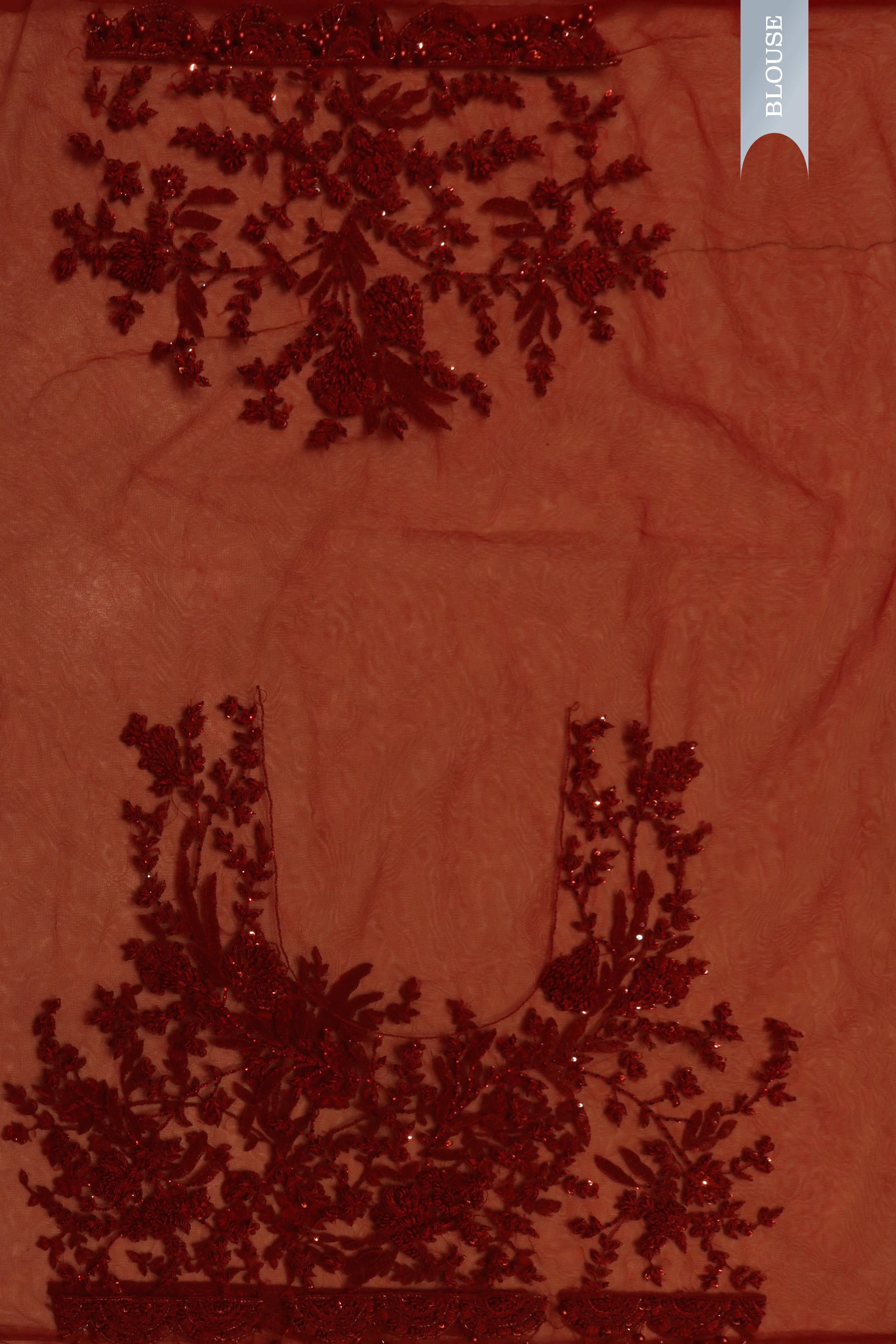 Red Net Saree with Thread & Sequin Embroidery - Mokshaa