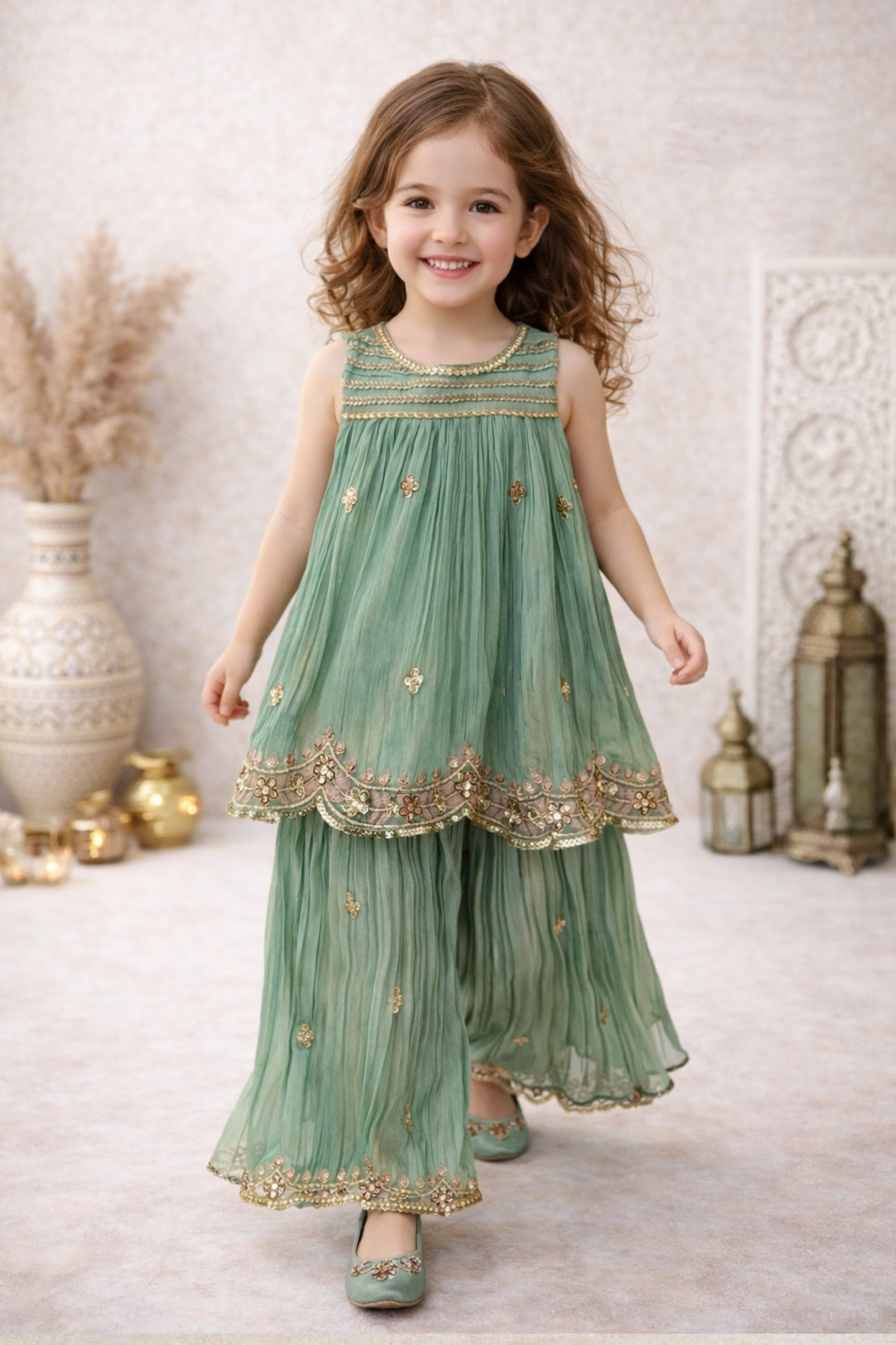 Sage Green Crushed Tissue Silk Fabric Zari Embroidered Kurti & Palazzo Set for Girls