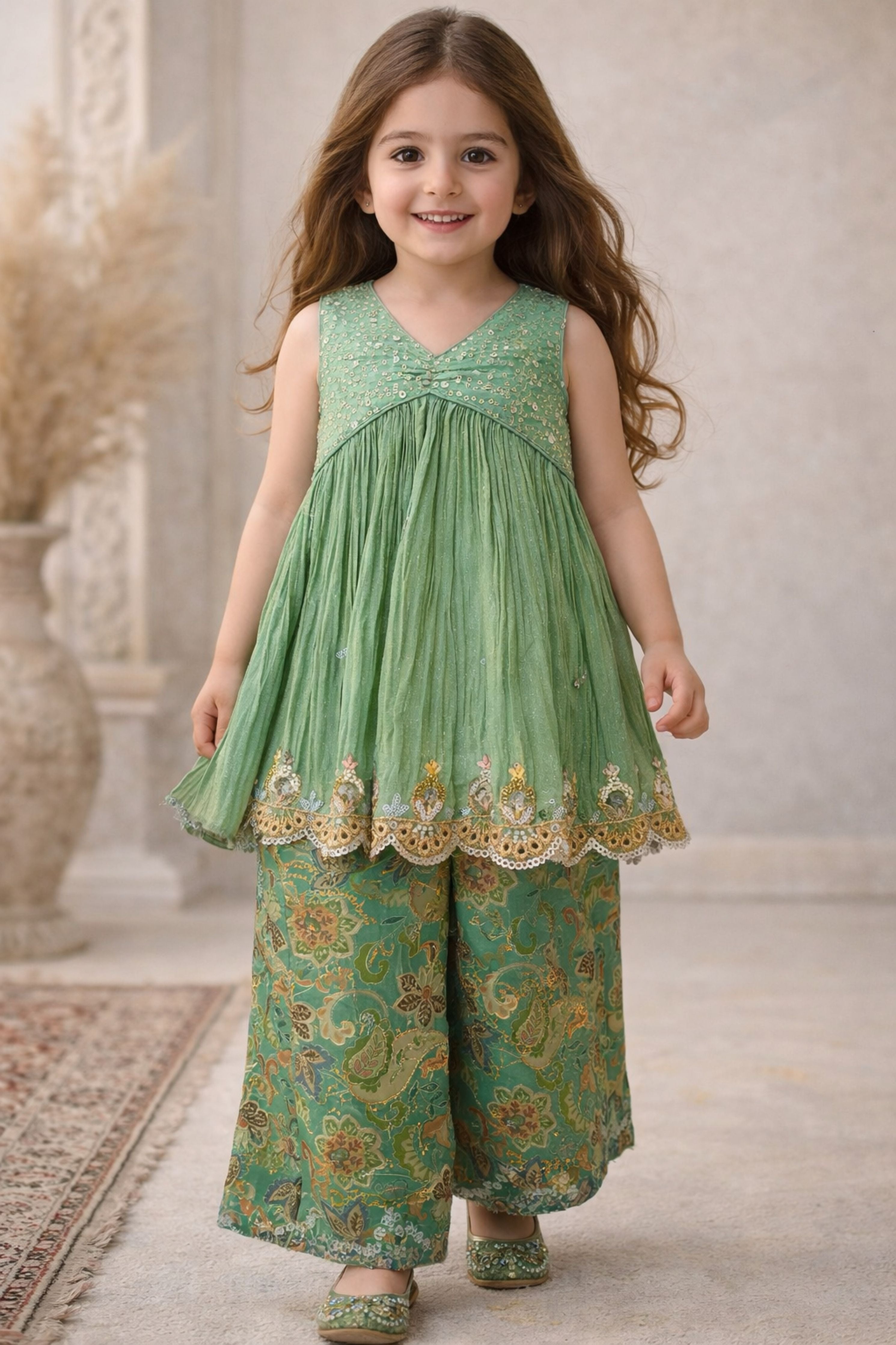 Green Crushed Fabric Embroidered Kurti & Paisley Print Palazzo Set for Girls