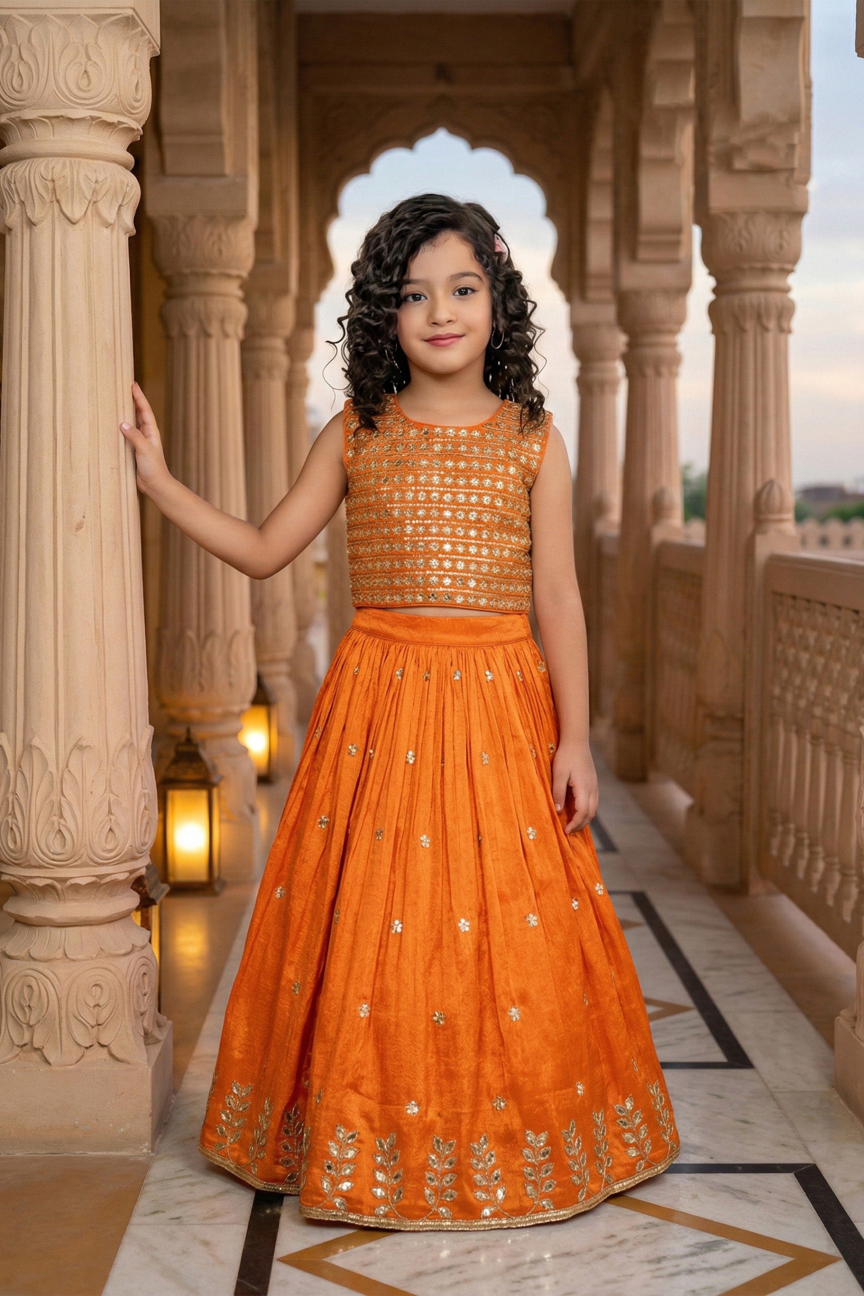Orange Tissue Silk Zari Embroidered Crop Choli & Lehenga Set for Girls