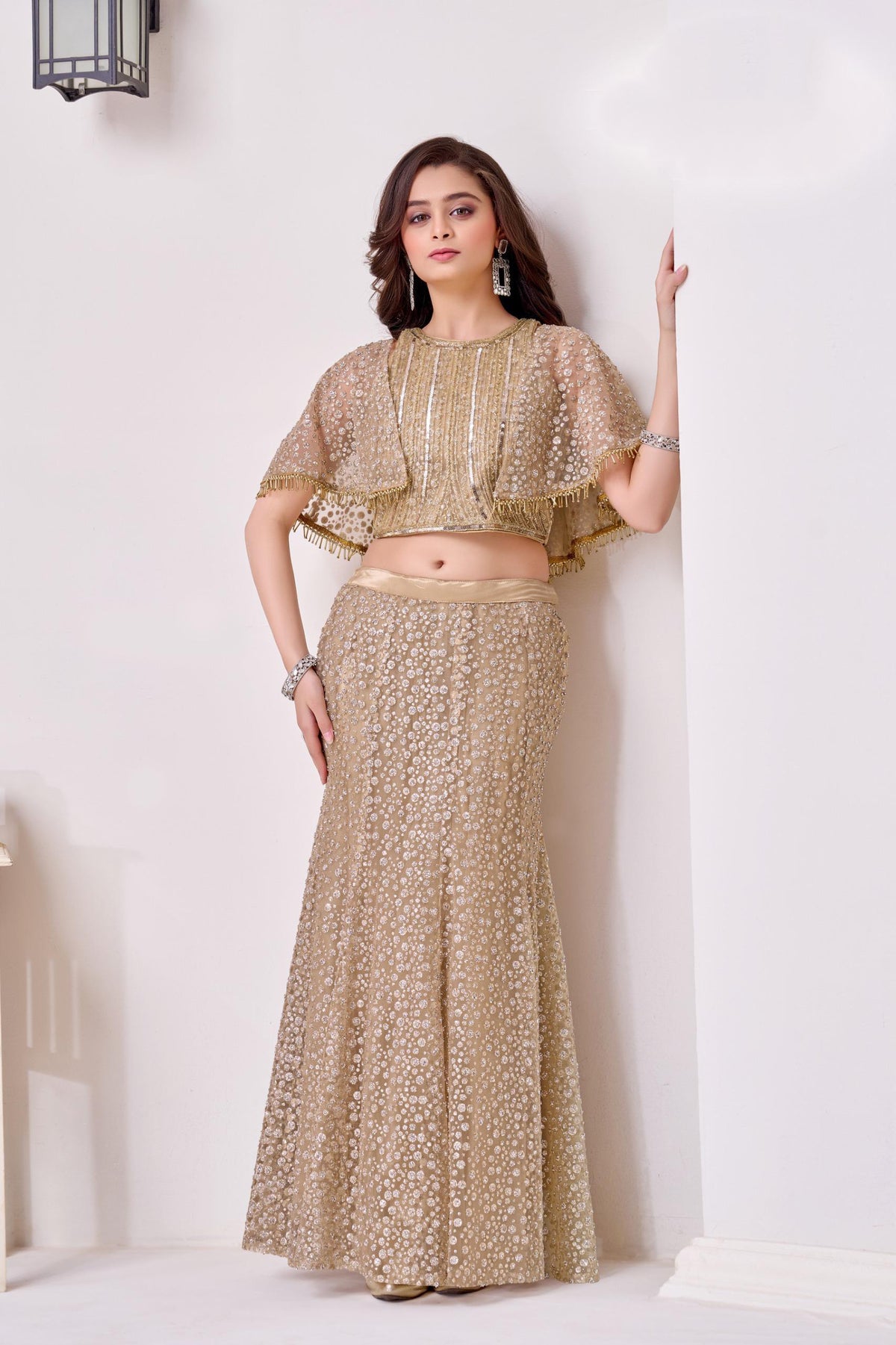 Gold Sequin Fishcut Lehenga with Cape Blouse - Mokshaa