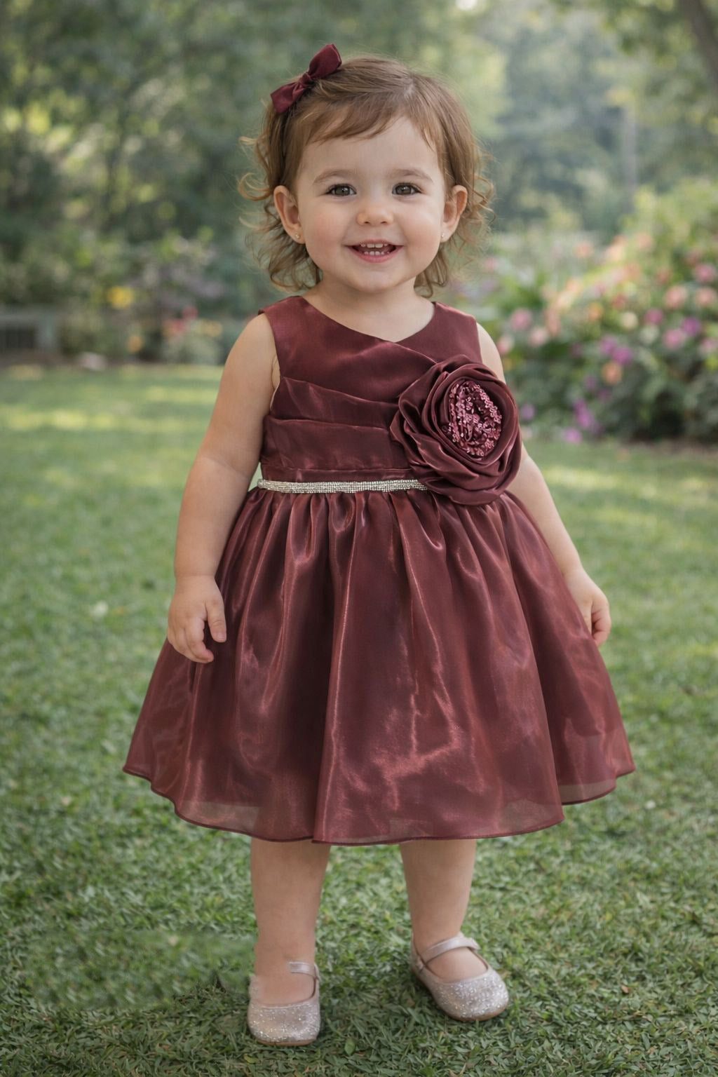 Wine Organza 3D Rose Sequin Frock for Girls
