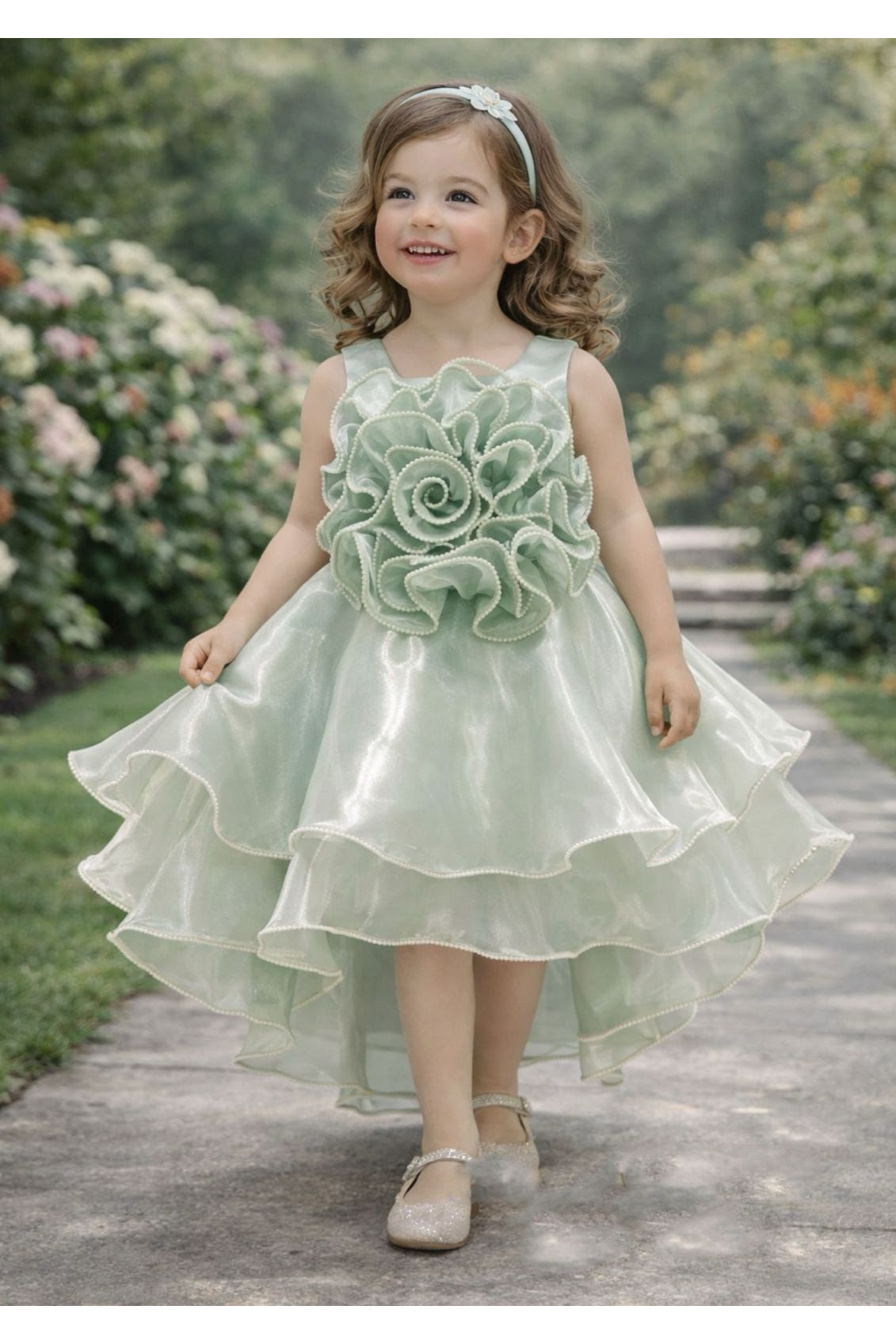 Mint Green Organza 3D Rose Tiered High-Low Frock for Girls