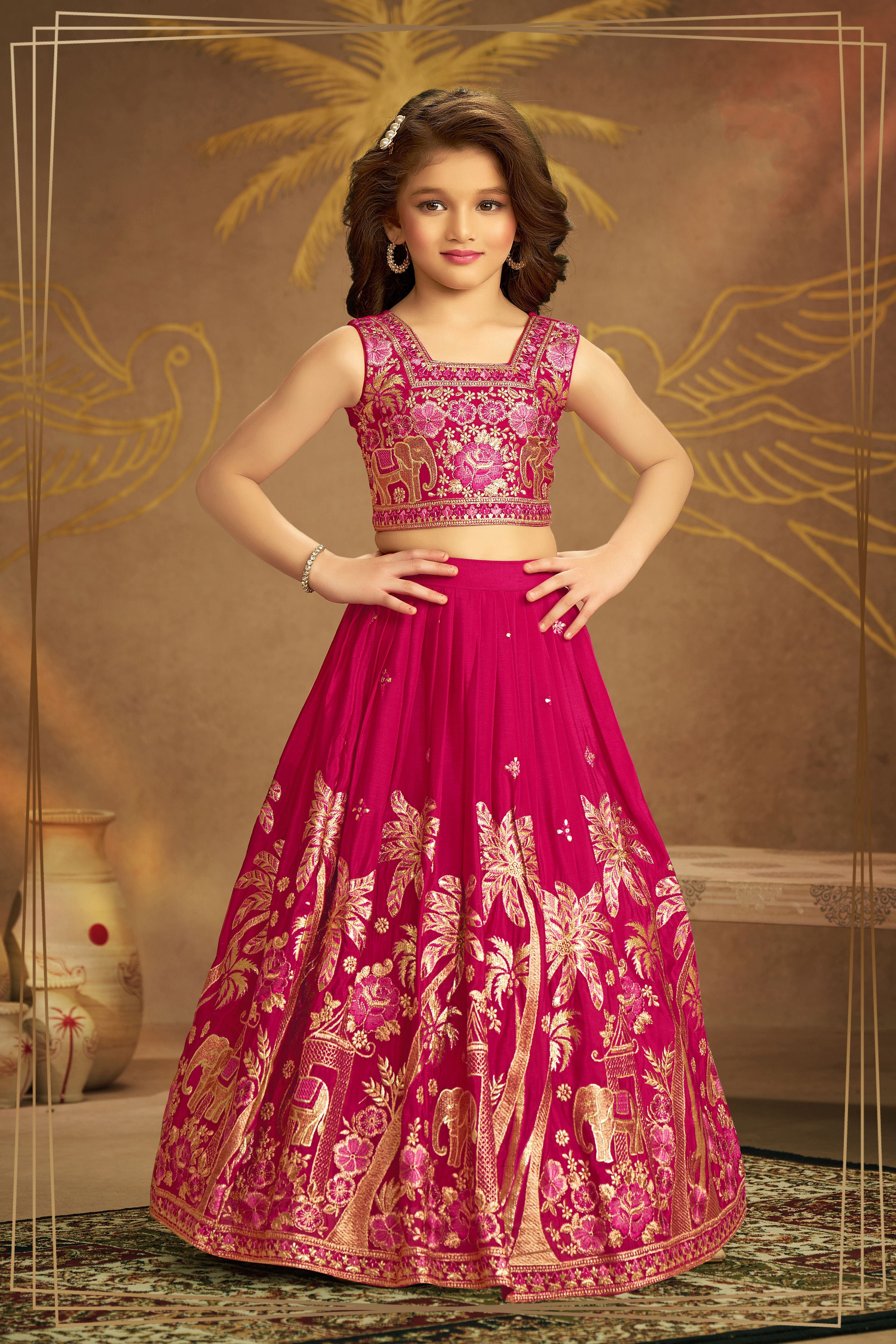 Rani Pink Elephant & Floral Embroidered Lehenga Choli for Girls