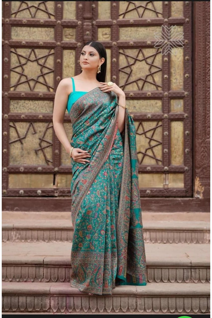 Teal Green Pashmina Woven Saree - Mokshaa