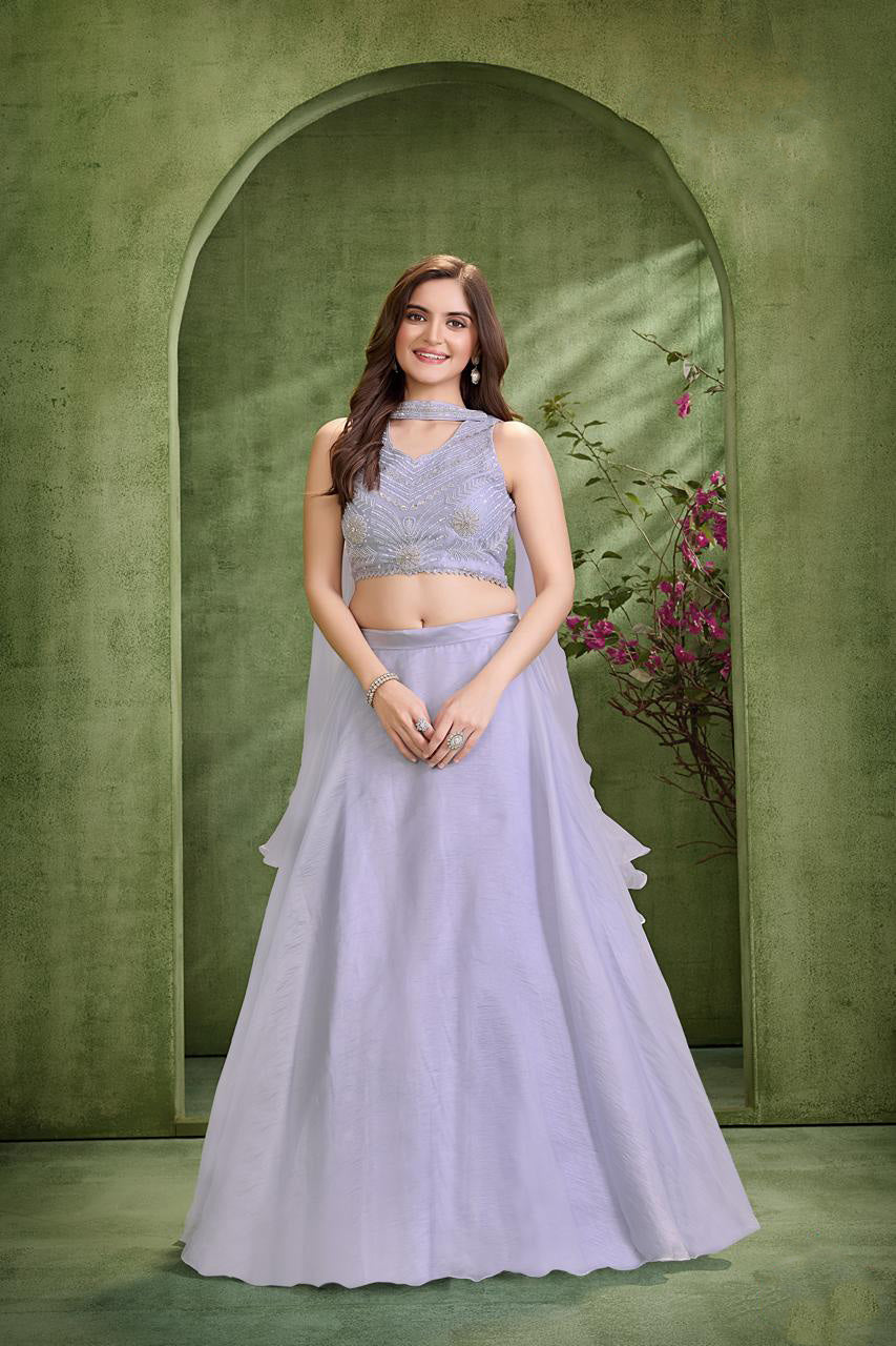 Lavender Embroidered Crop Top & Flared Lehenga Set for Girls
