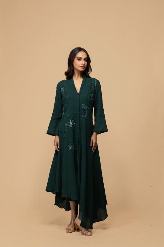 Emerald Green Asymmetric Embroidered Dress
