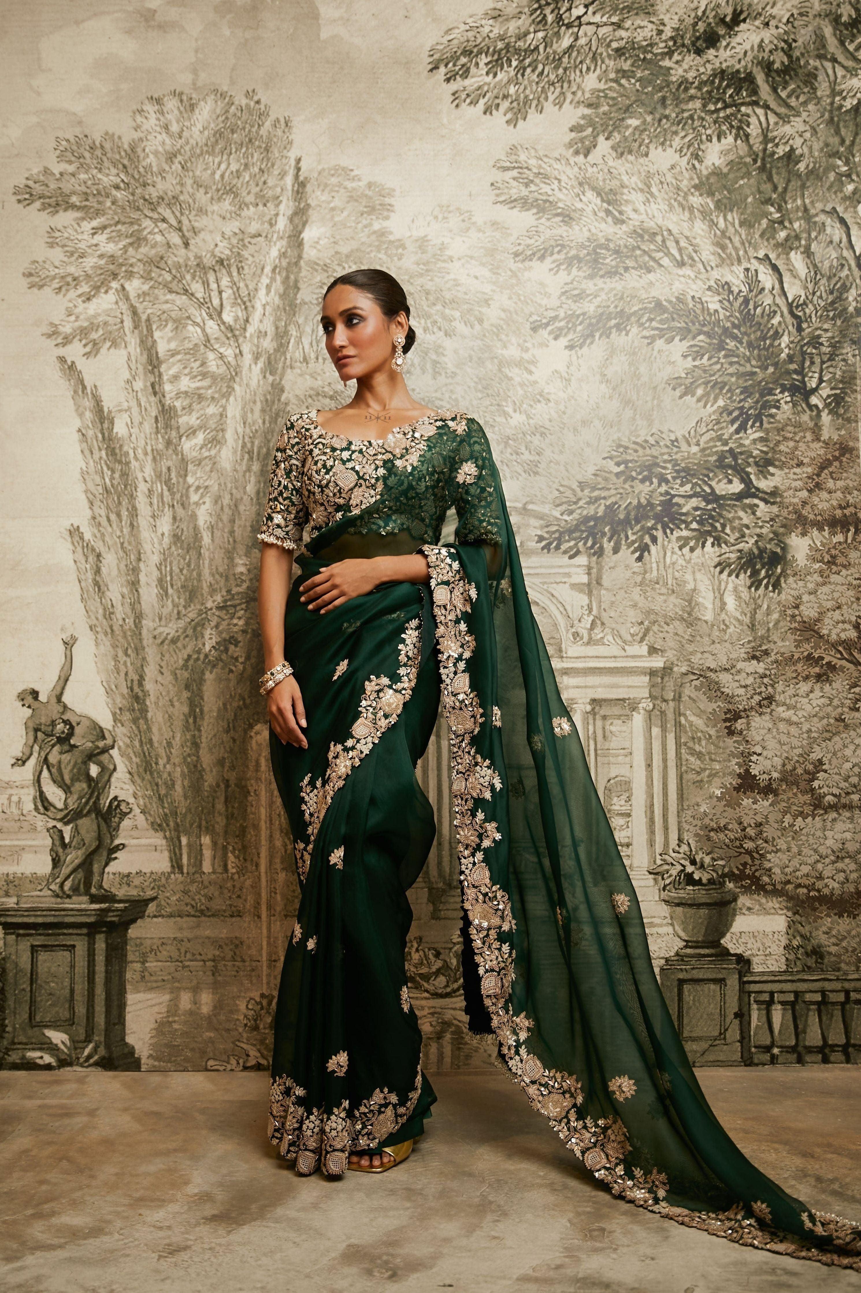 Bottle Green Organza Saree - Mokshaa