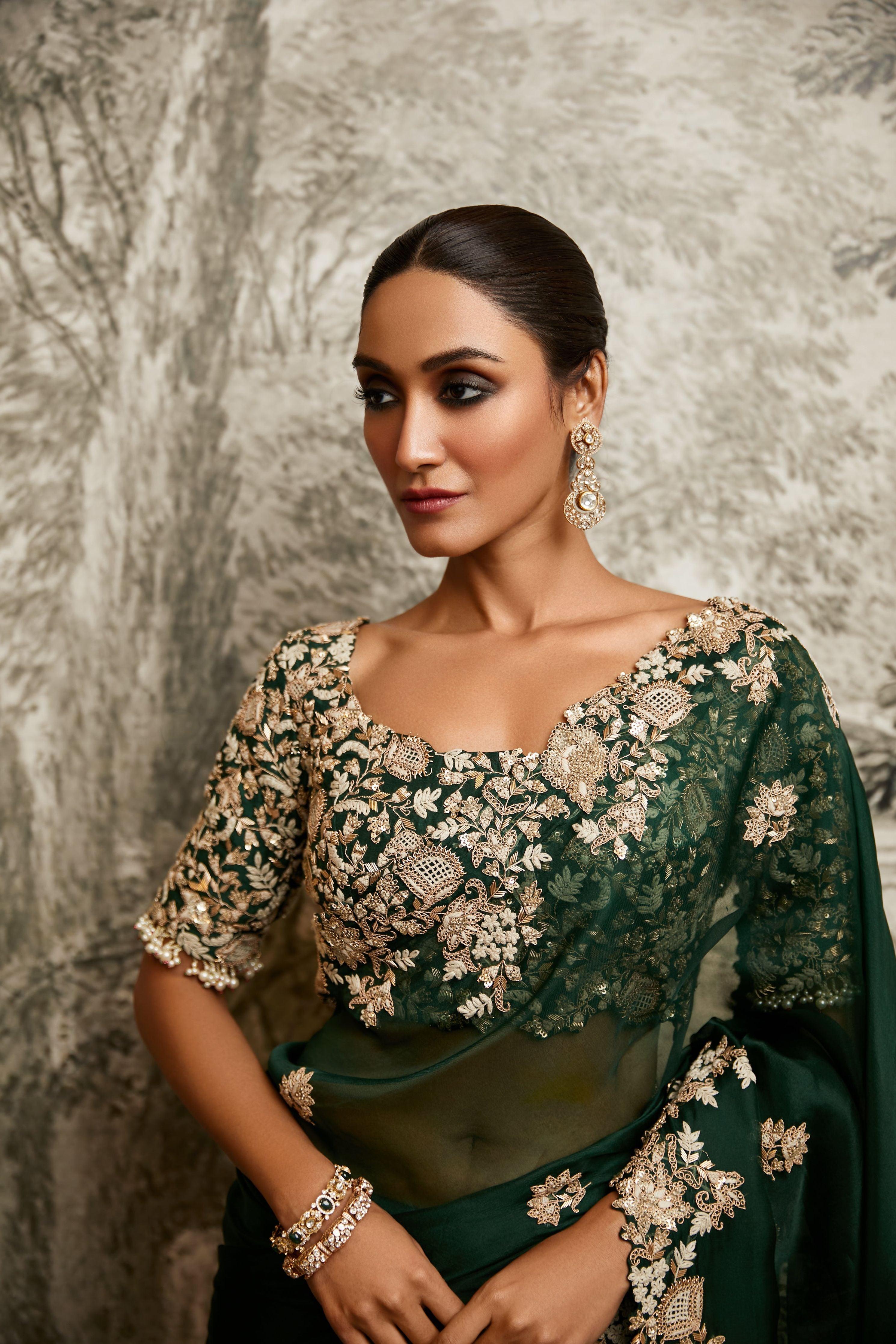 Bottle Green Organza Saree - Mokshaa