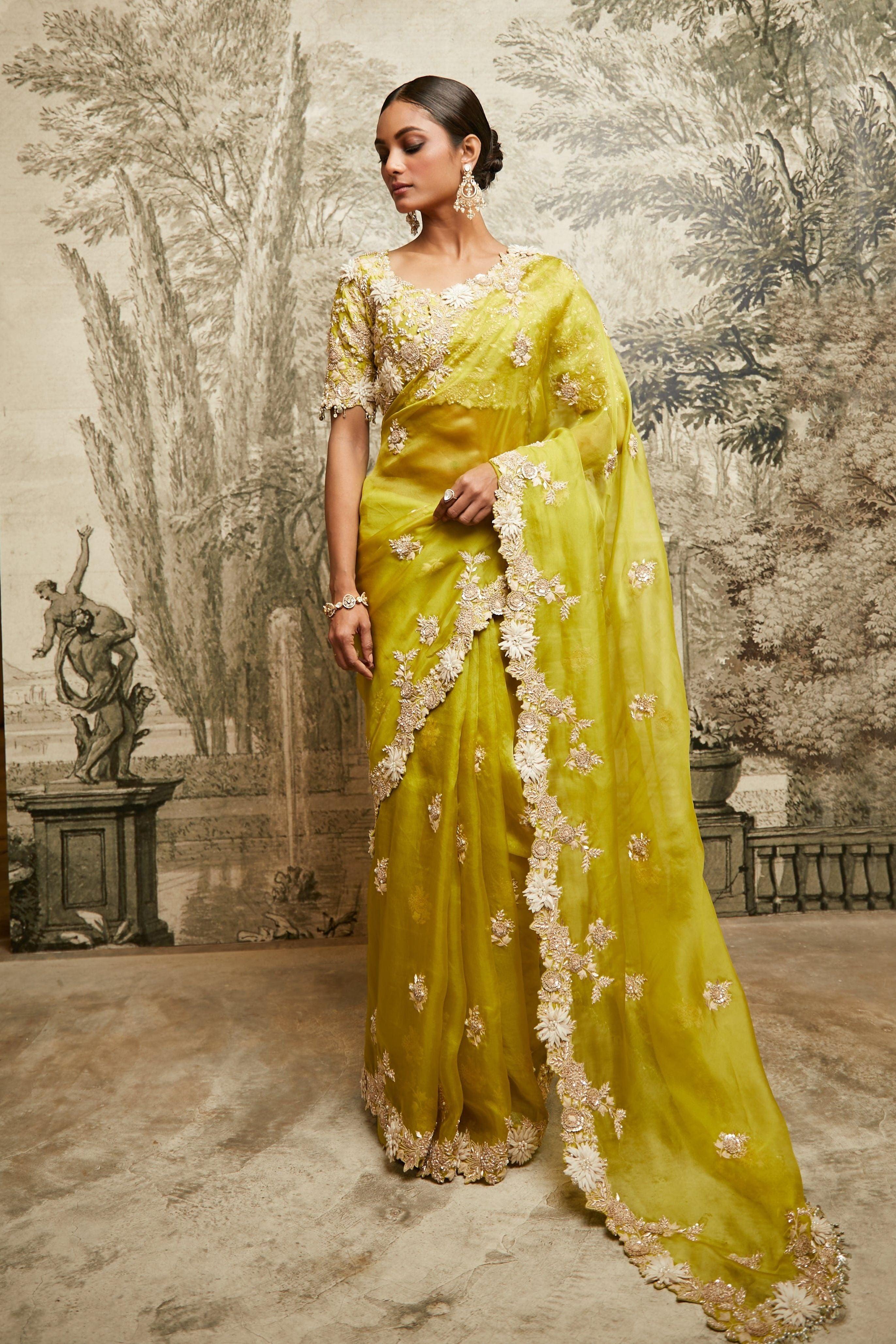 Lime Green Organza Saree - Mokshaa