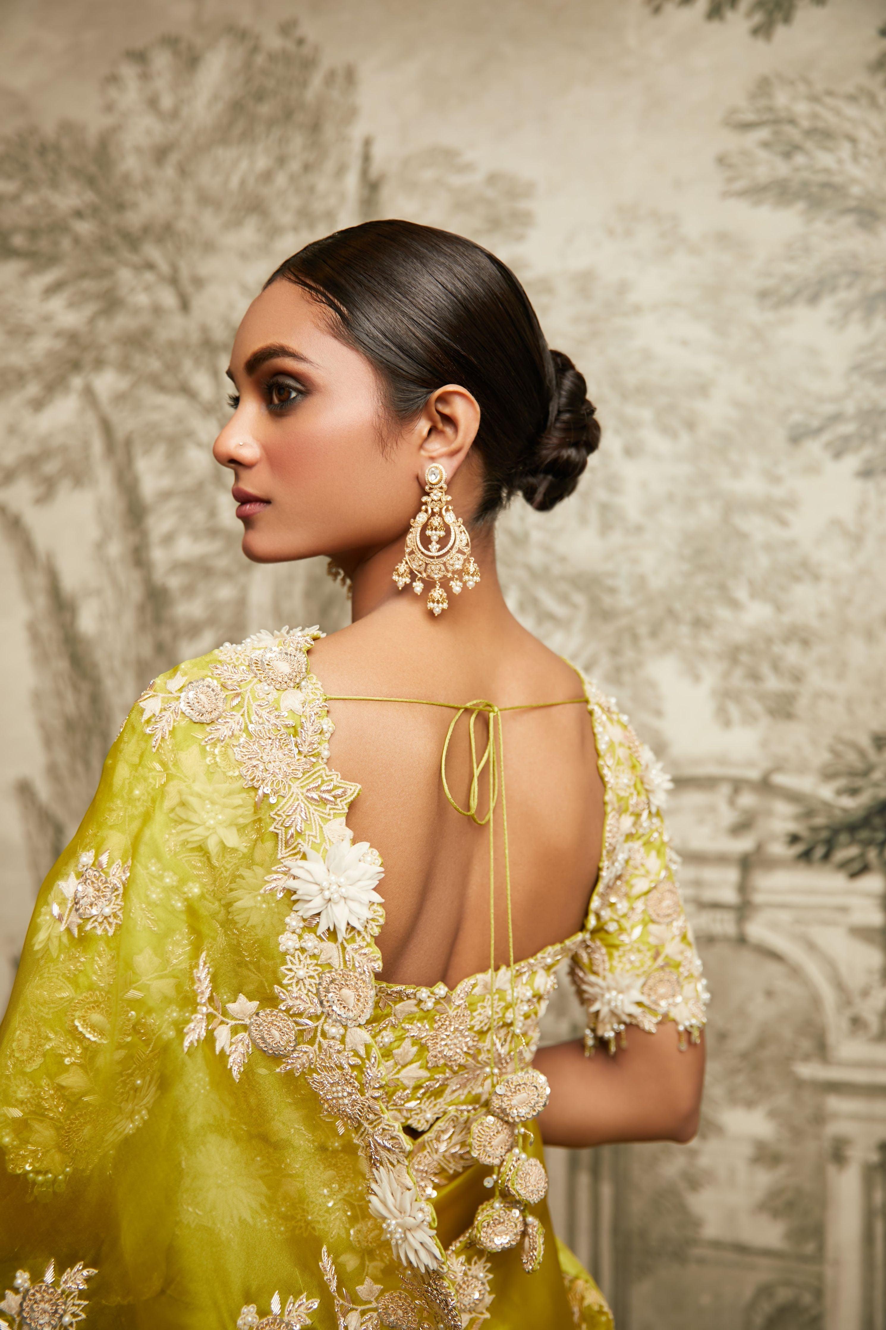 Lime Green Organza Saree - Mokshaa