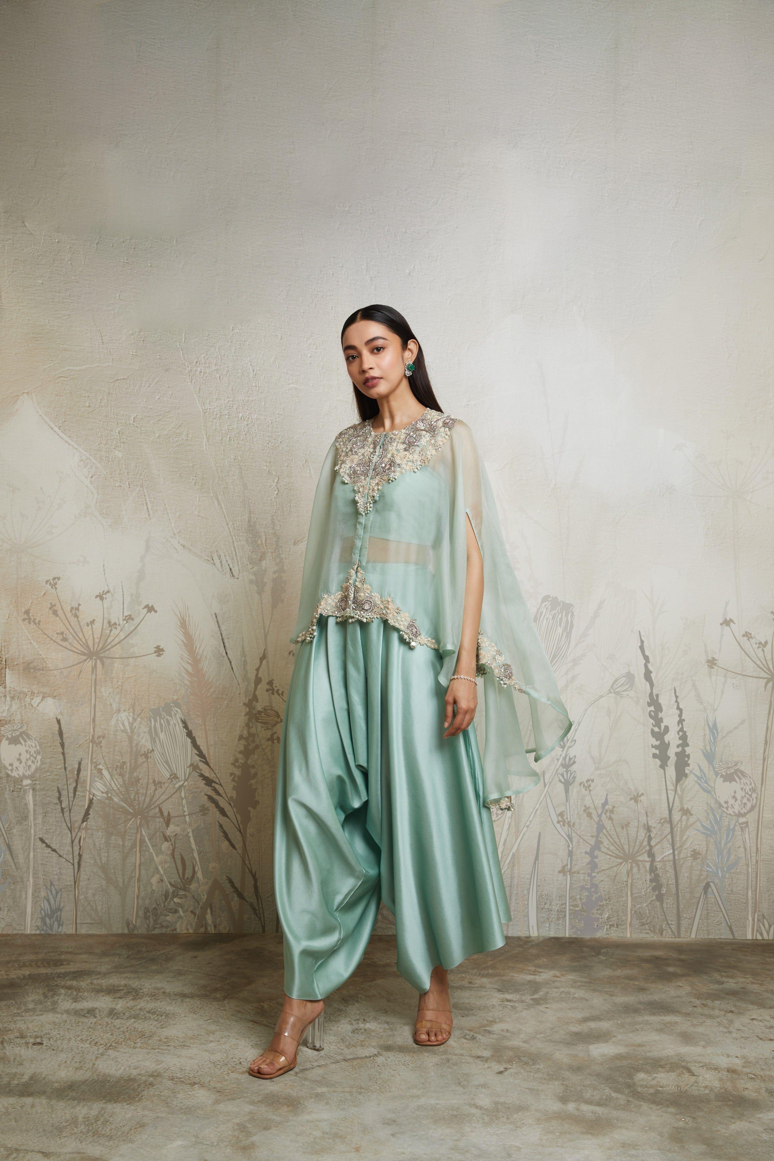 Aqua umbrella kaftaan with bustier and asymetric pants - Mokshaa