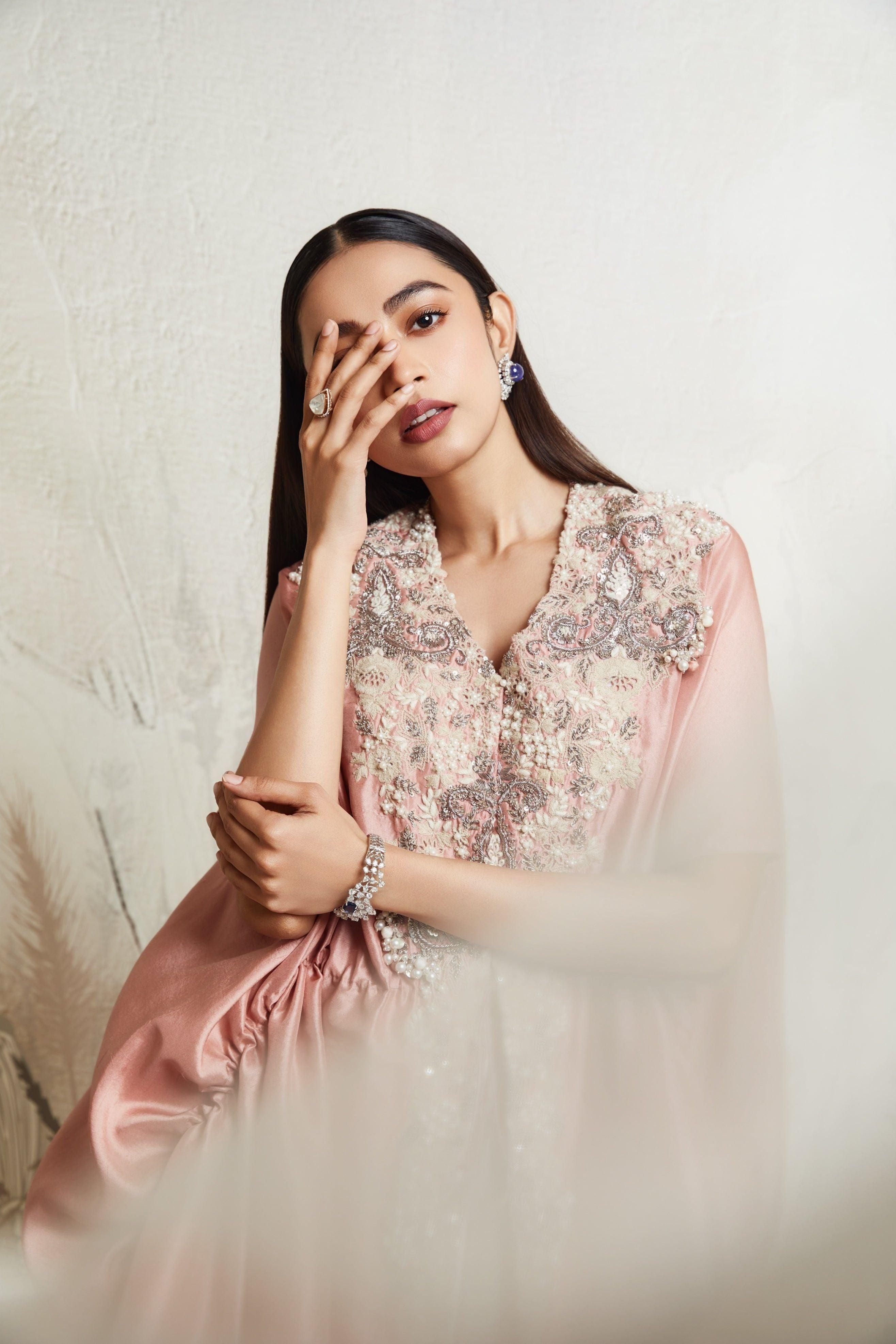 Dark Flamingo Pull Dori Kaftan Set with Asymmetric Pants - Mokshaa