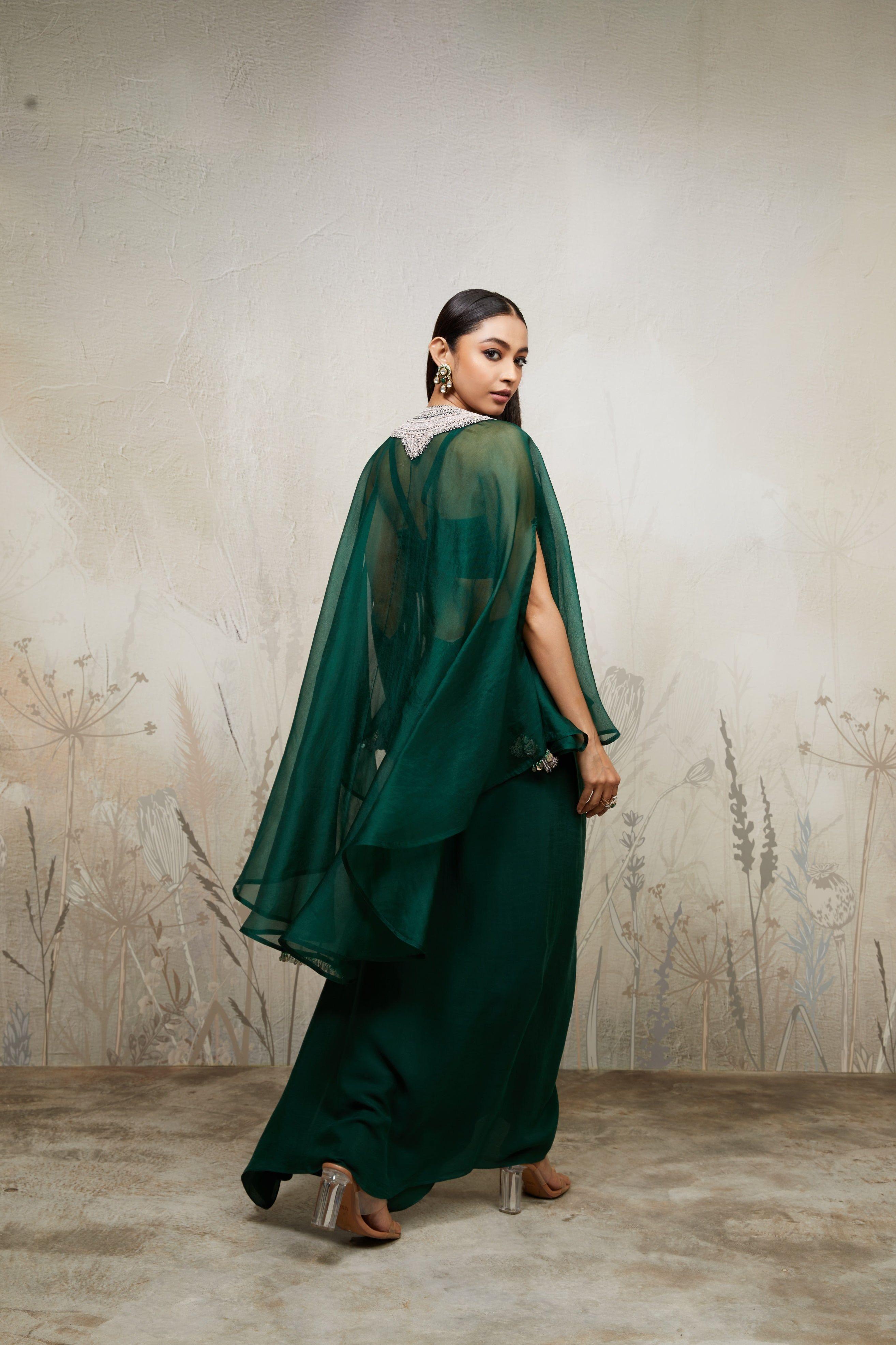Bottle Green Umbrella Kaftan with Bustier and Drape Skirt - Mokshaa