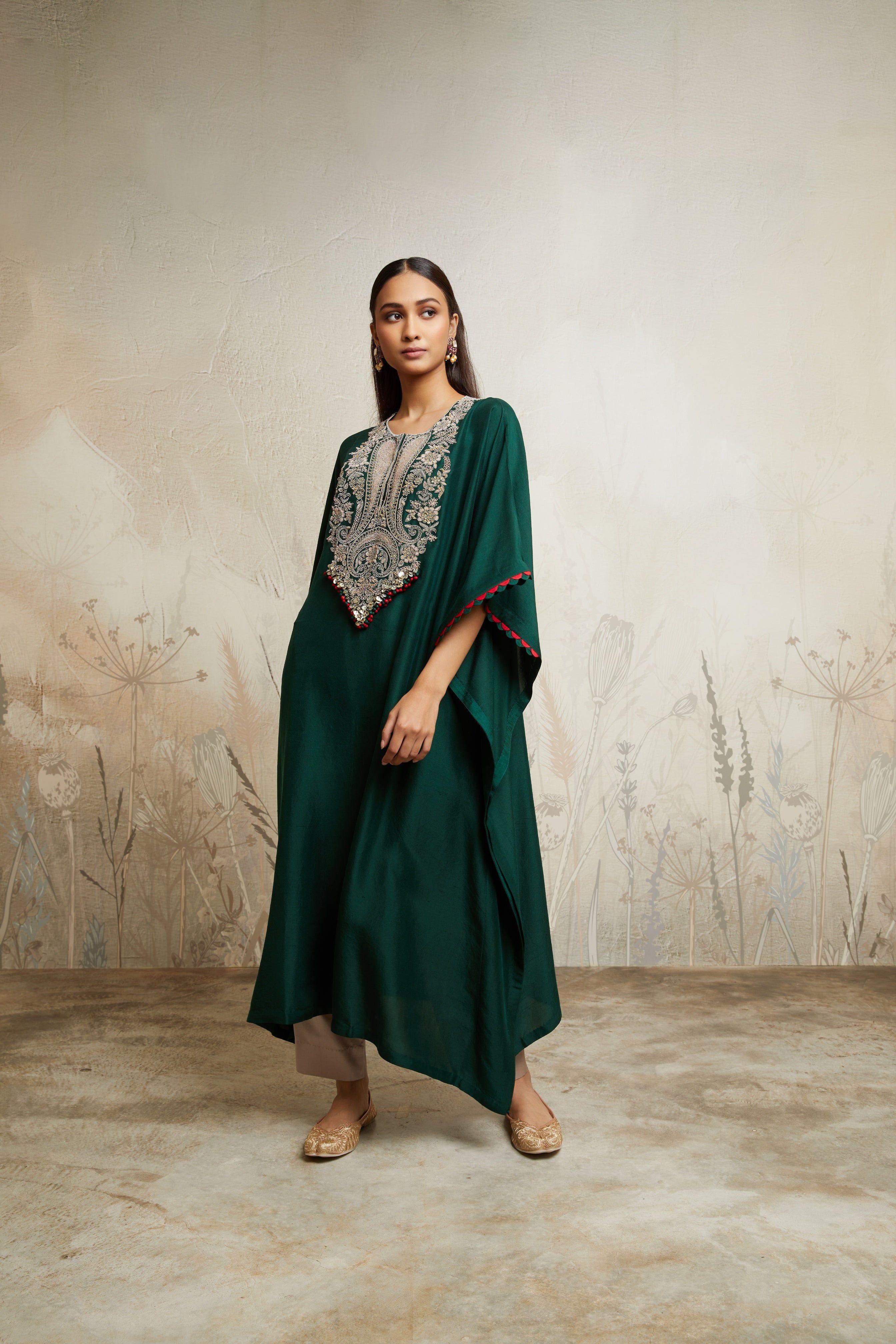 Bottle Green Kaftan with Straight Pants - Mokshaa