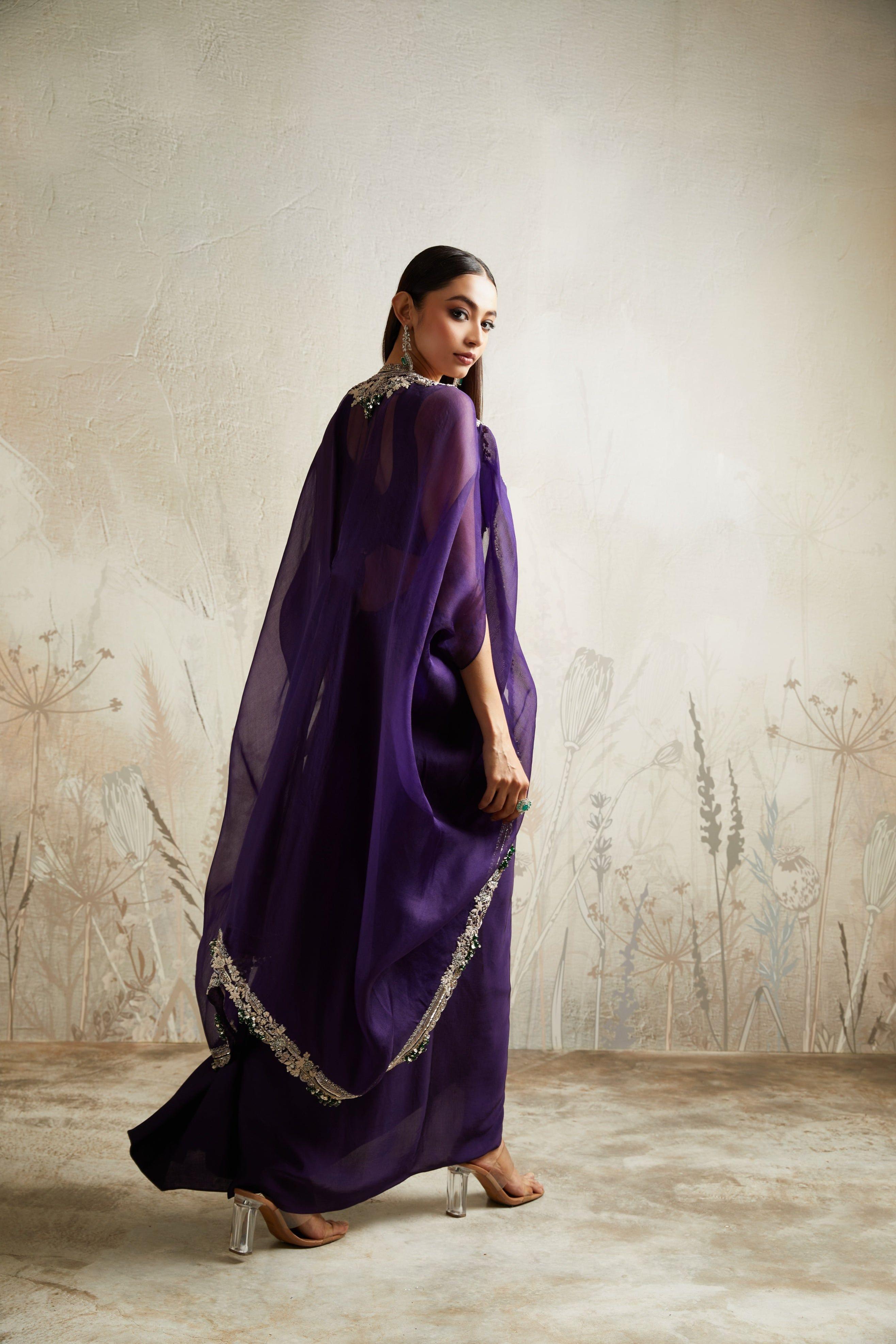 Dark Purple Blouse with Skirt and Cape - Mokshaa