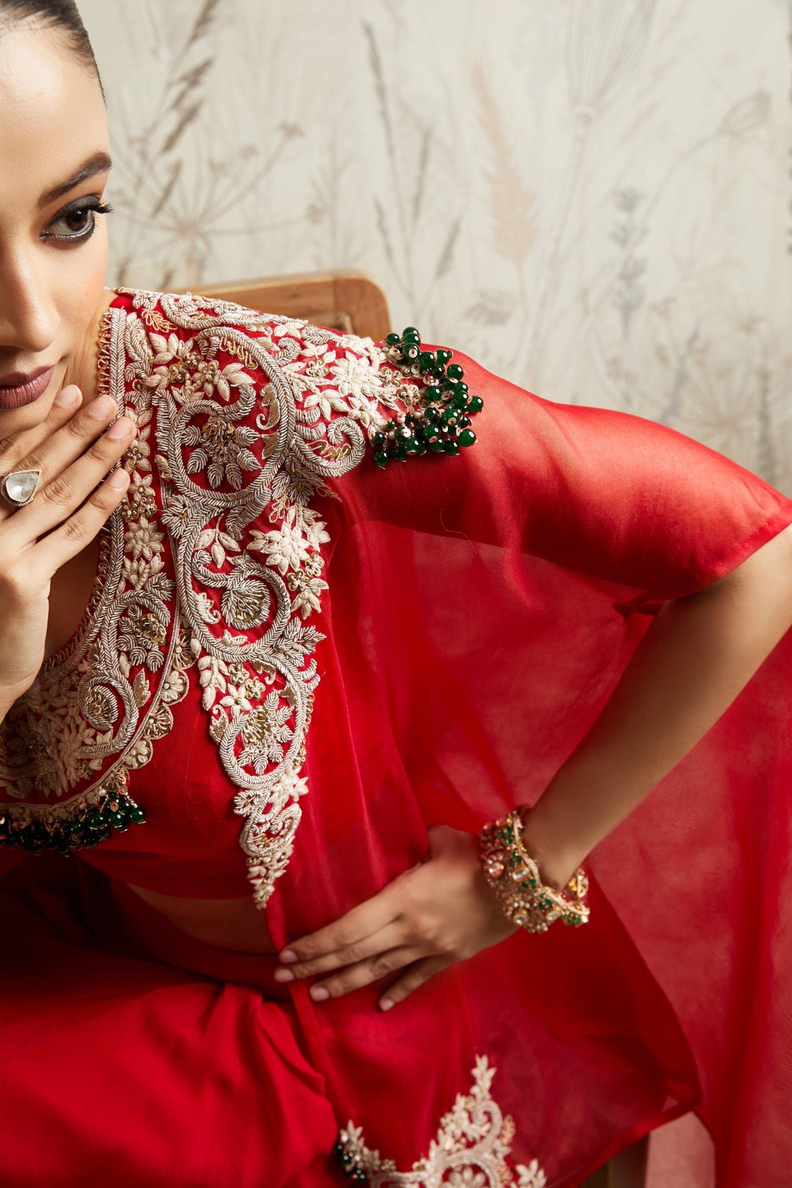 Red Blouse with Skirt and Cape - Mokshaa