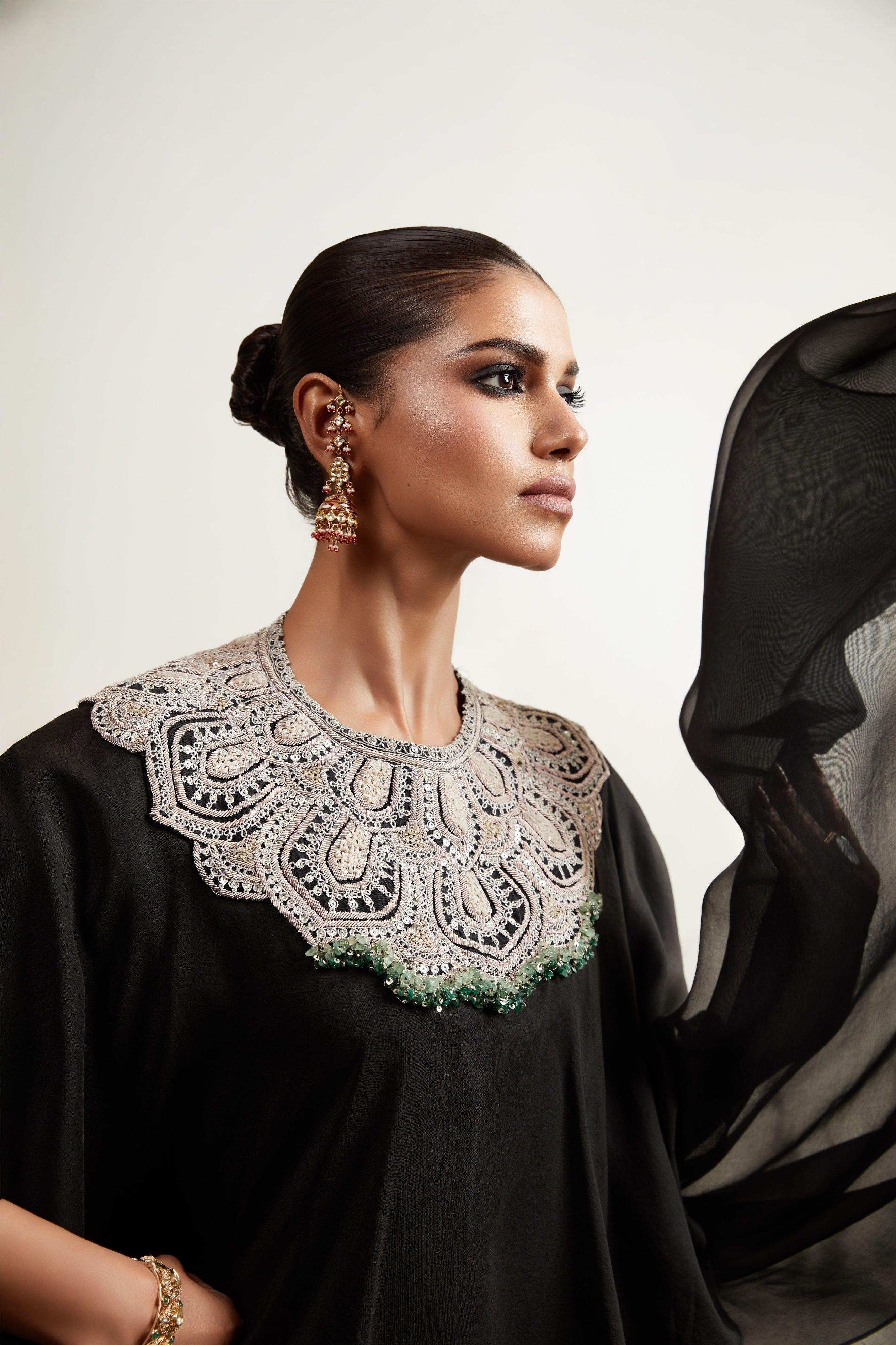 Black A-Line Kaftan with Drape Skirt - Mokshaa