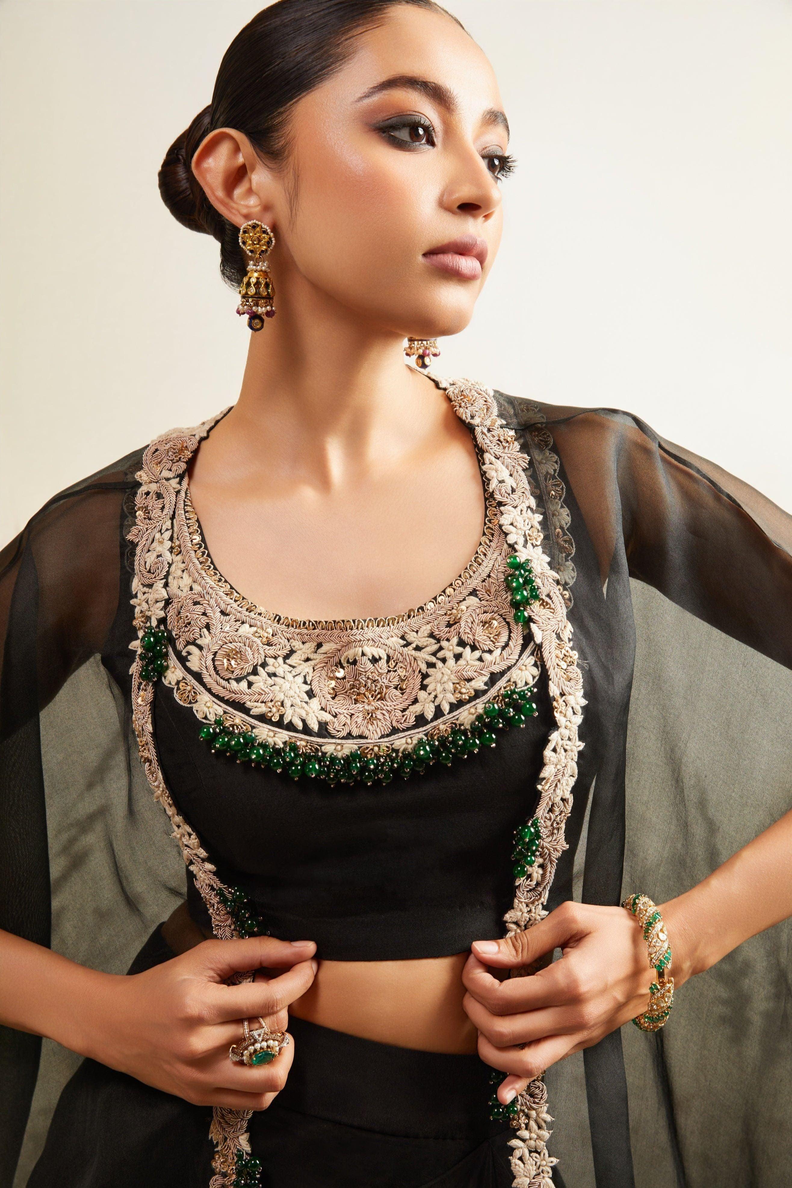 Black Blouse with Skirt and Cape - Mokshaa