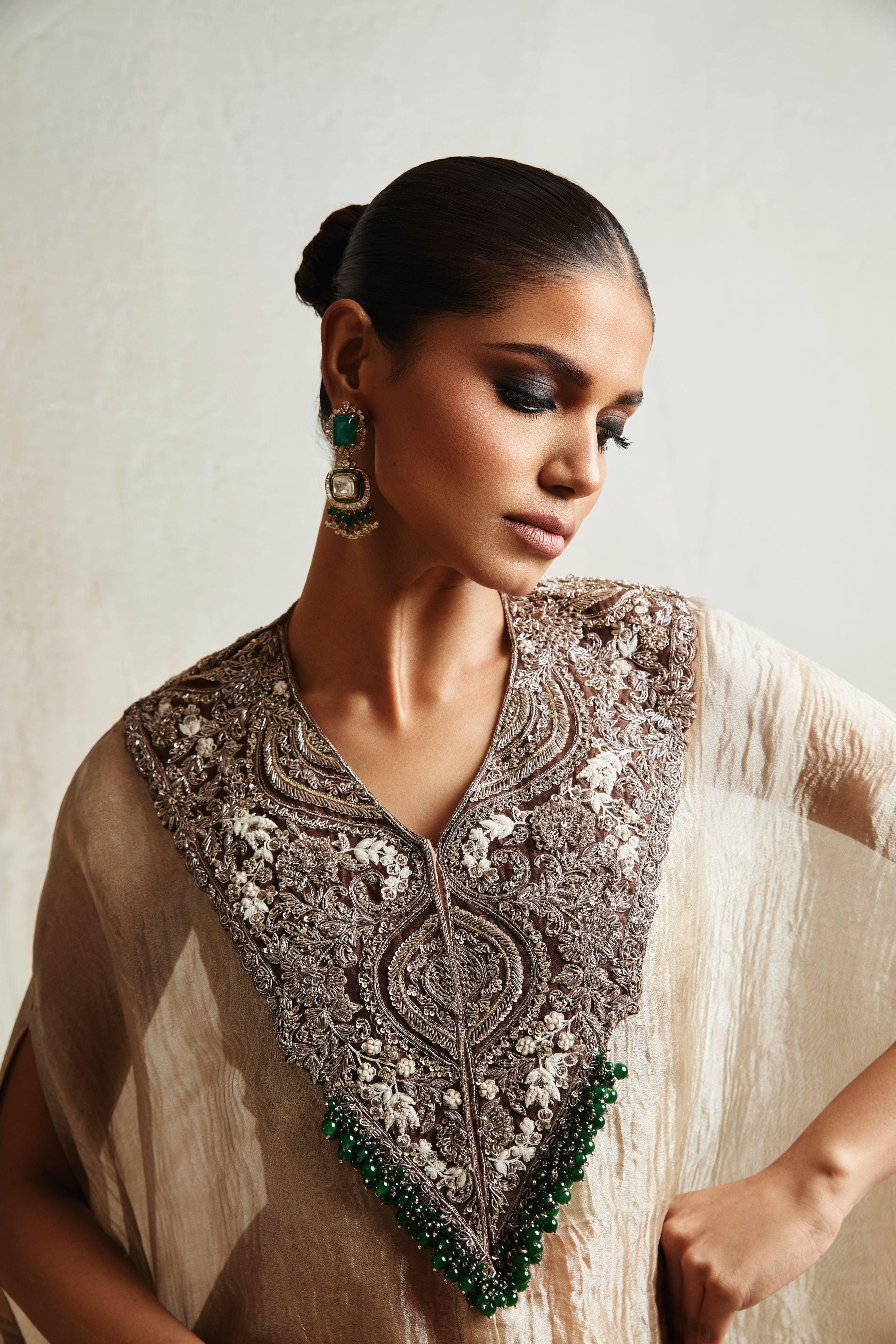 Champagne Kaftan with Bustier and Asymmetric Pants - Mokshaa