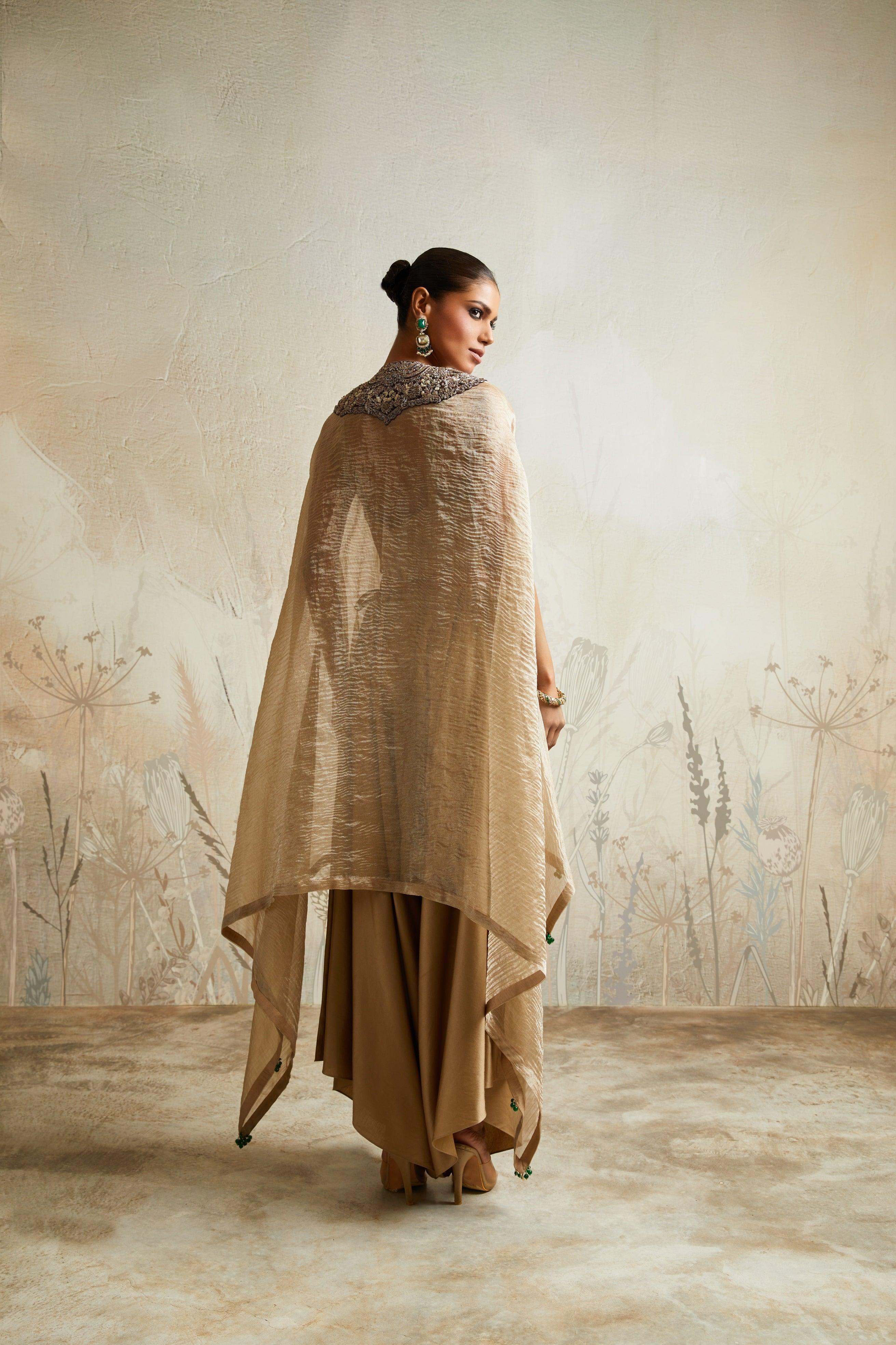 Champagne Kaftan with Bustier and Asymmetric Pants - Mokshaa
