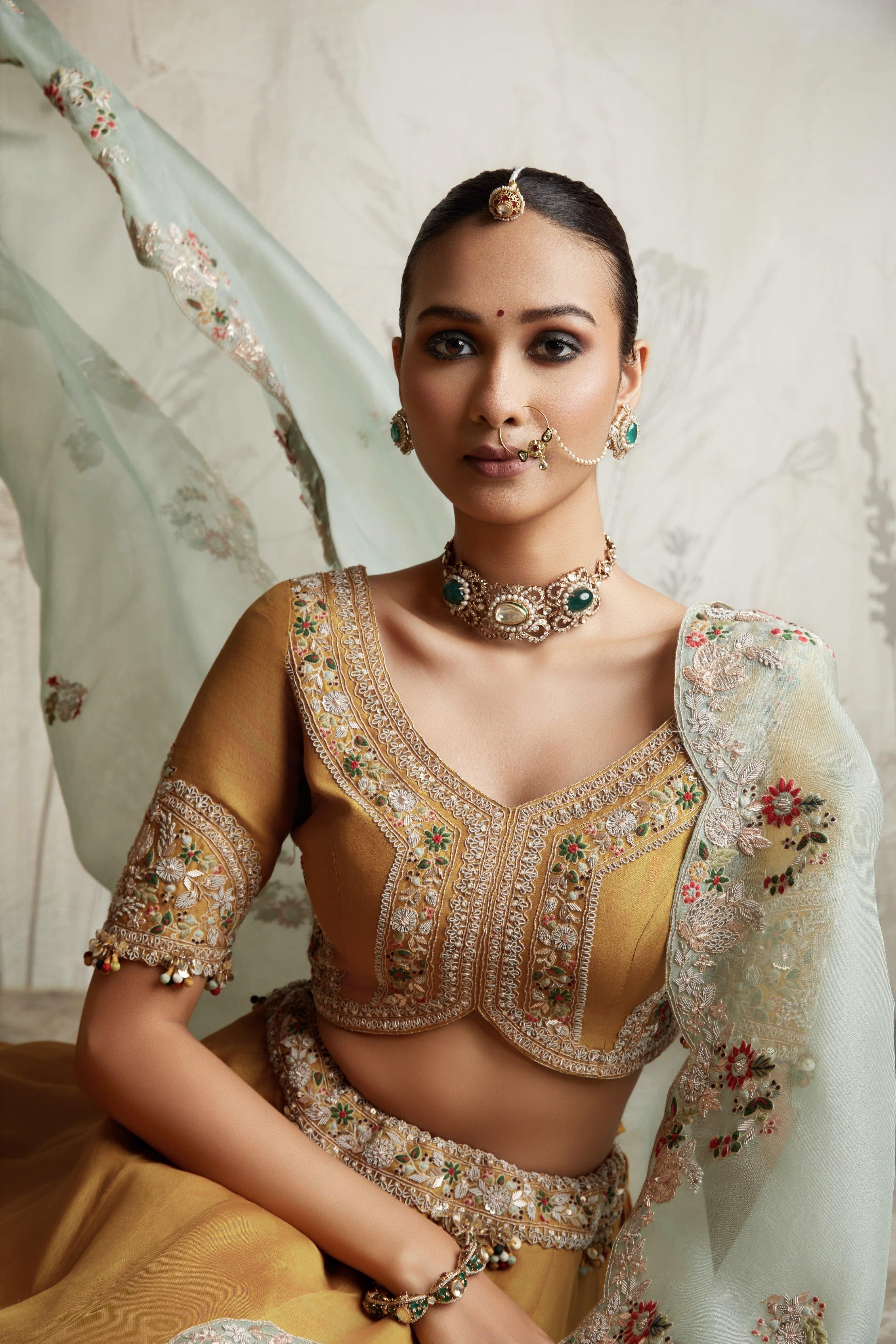 Mustard Embroidered Lehenga Set - Mokshaa
