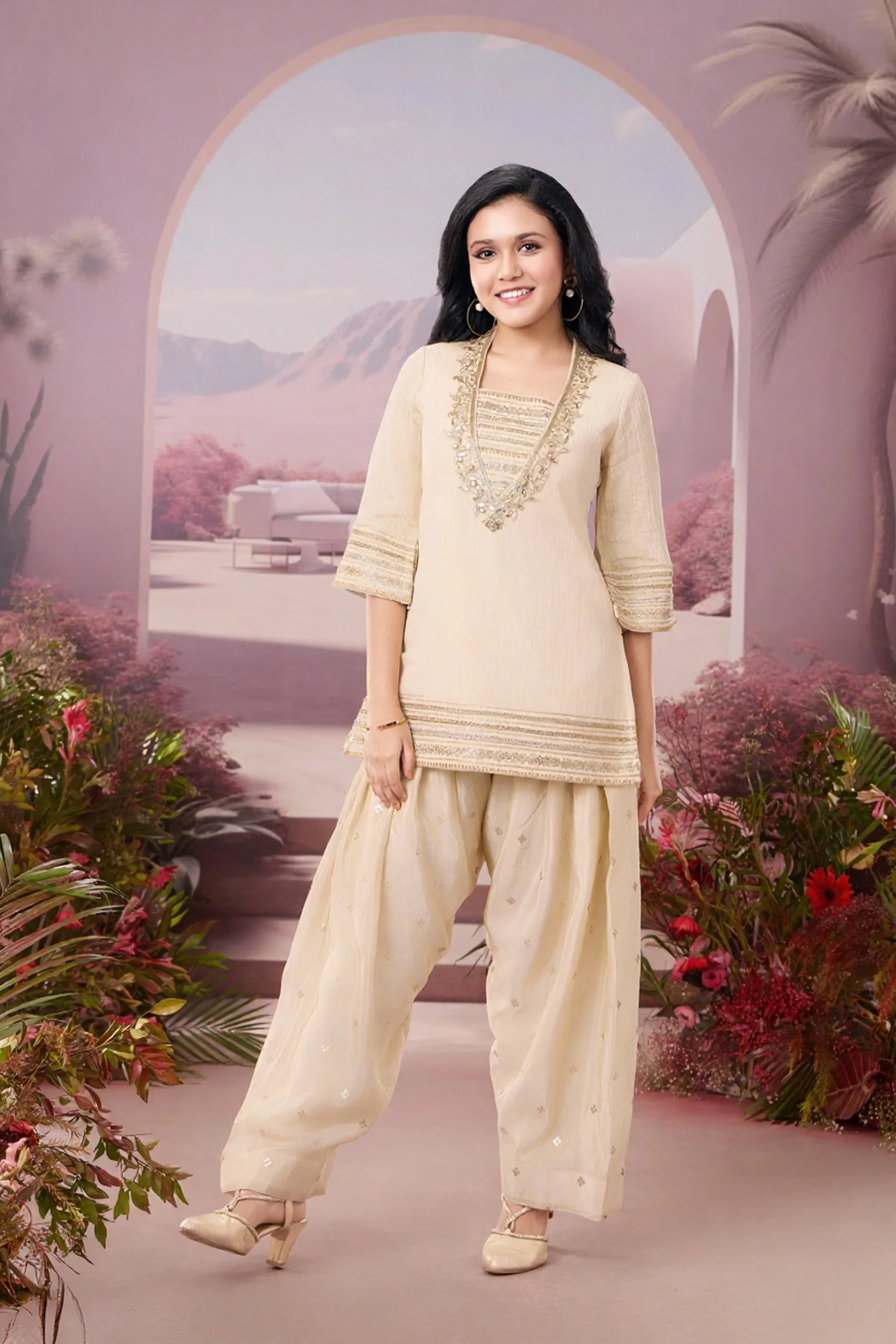 Ivory Embroidered Kurta with Dhoti Pant Set - Mokshaa