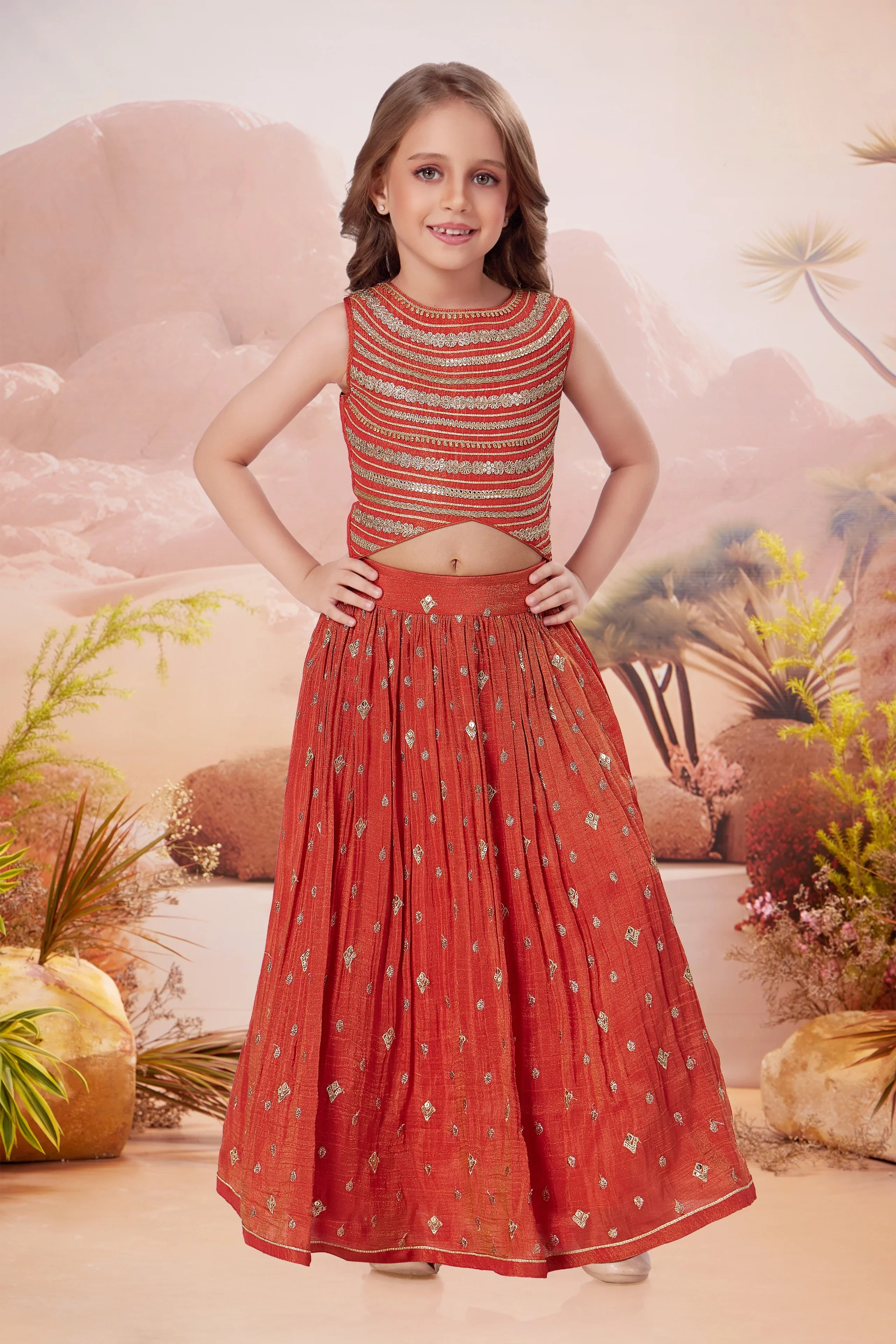 Rust Orange Embellished Lehenga Set - Mokshaa