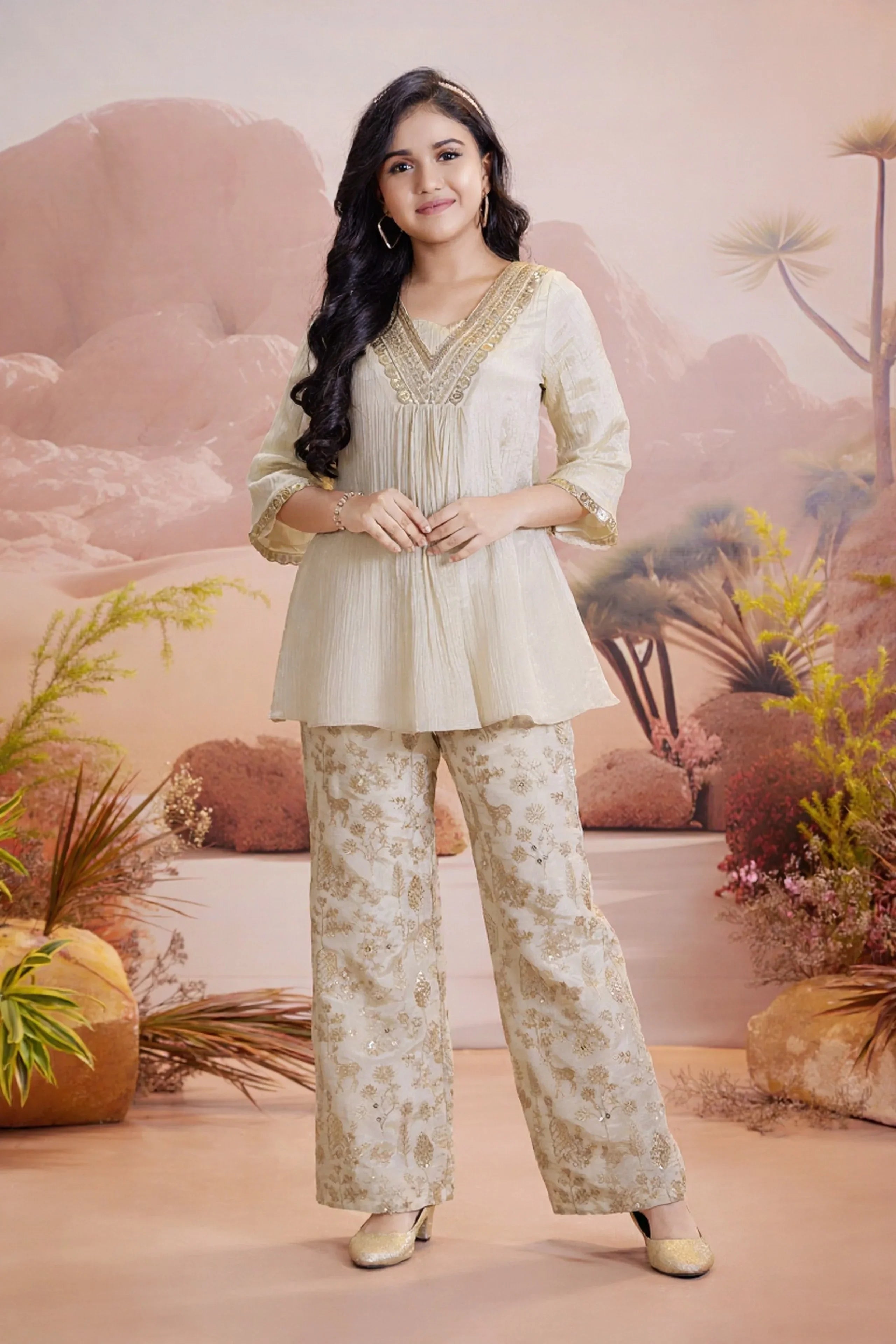 Ivory Gold Embroidered Kurti Pant Set For Girls - Mokshaa