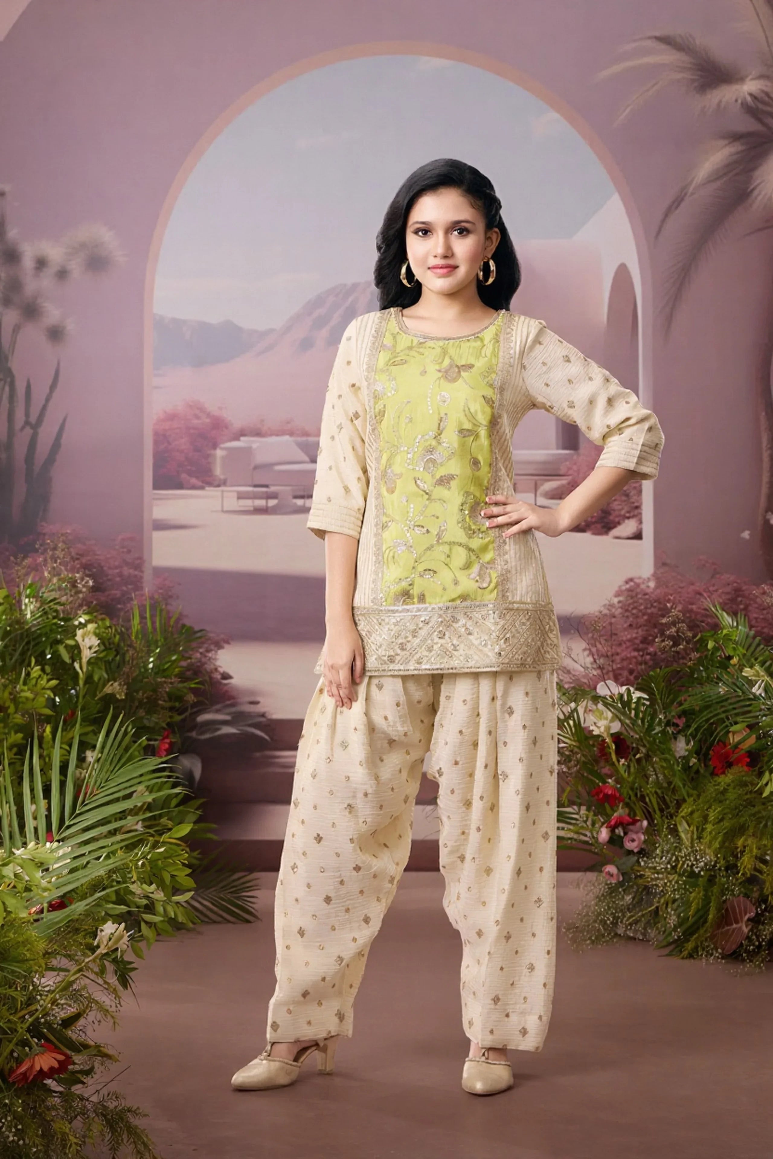 Lime Green & Ivory Kurti Pant Set - Mokshaa
