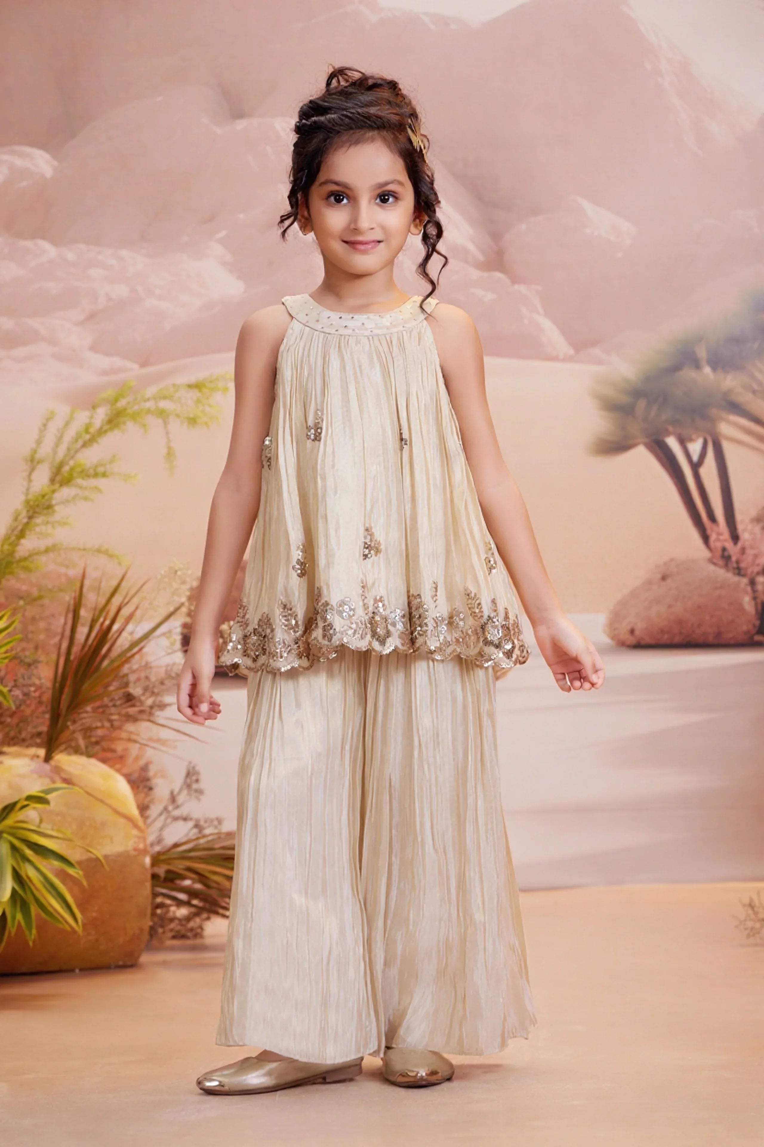Ivory Embroidered Top with Palazzo Pant Set - Mokshaa