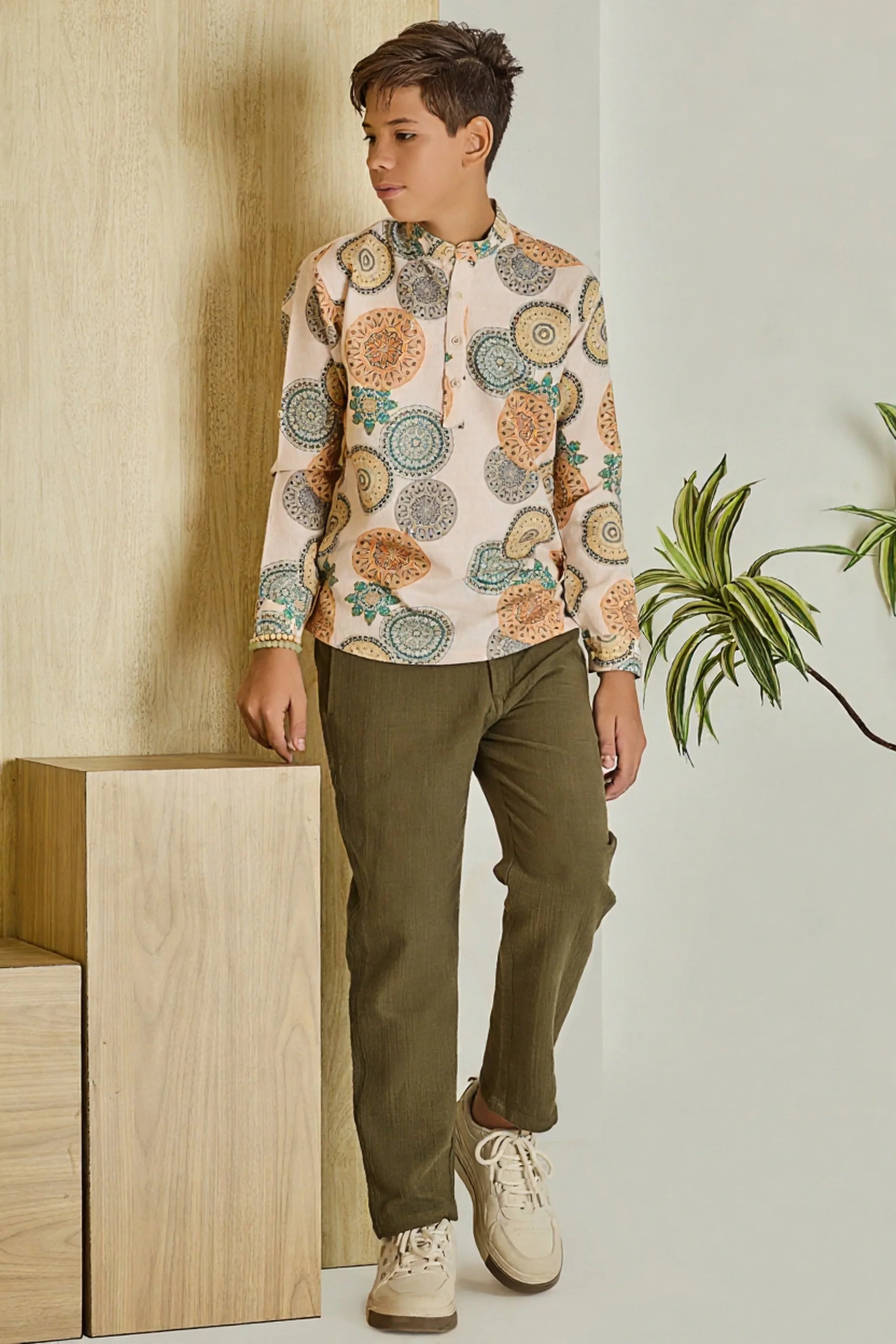 Natural Beige Printed Boys Short Kurta - Mokshaa