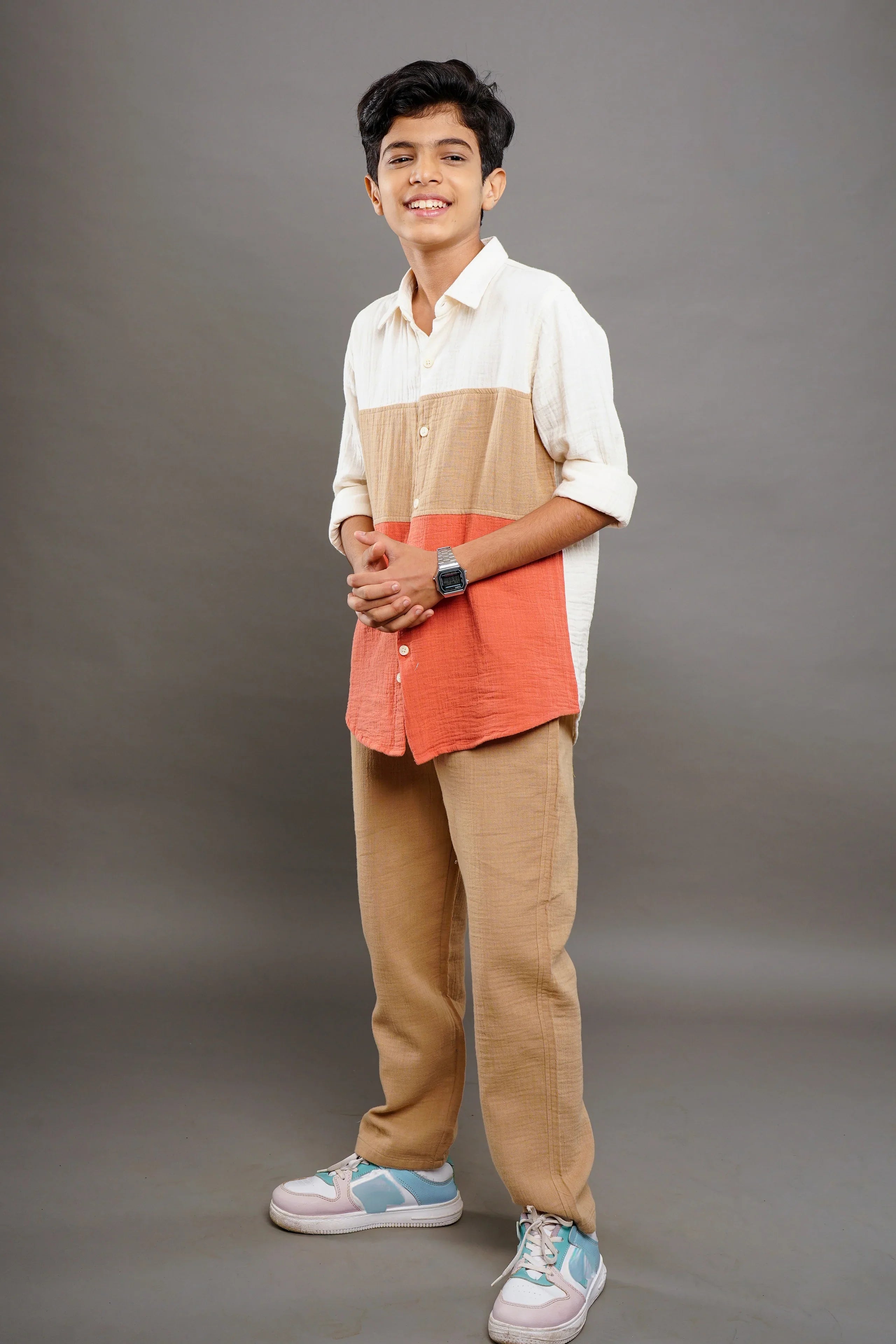 Ivory & Rust Colorblock Cotton Boys Shirt - Mokshaa